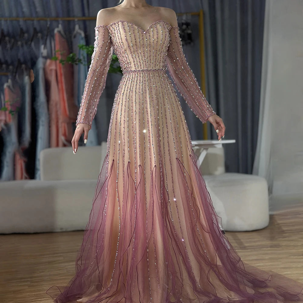Elegant Purple Beaded A-Line Long Evening Dress for Women - Luxury Dubai Arabic Style Formal Gown LA72752 | Perfect for Weddings, Galas, and Special Occasions