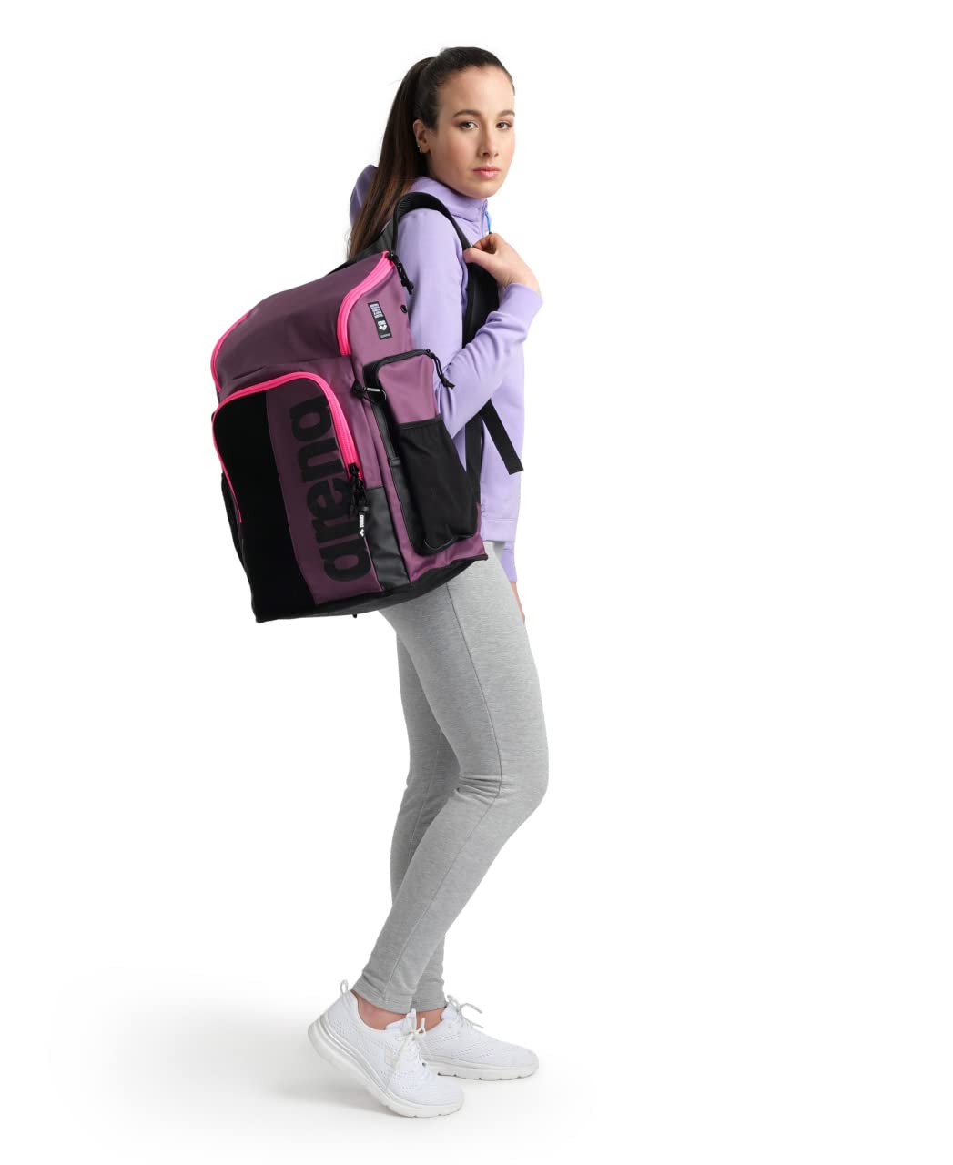 Arena Spiky III Backpack 45L - Large Waterproof Swim Bag for Men & Women - Gym & Sports Training Equipment - Durable Rucksack for Swimming Athletes - Plum/Neon Pink - Perfect for Pool, Beach & Travel
