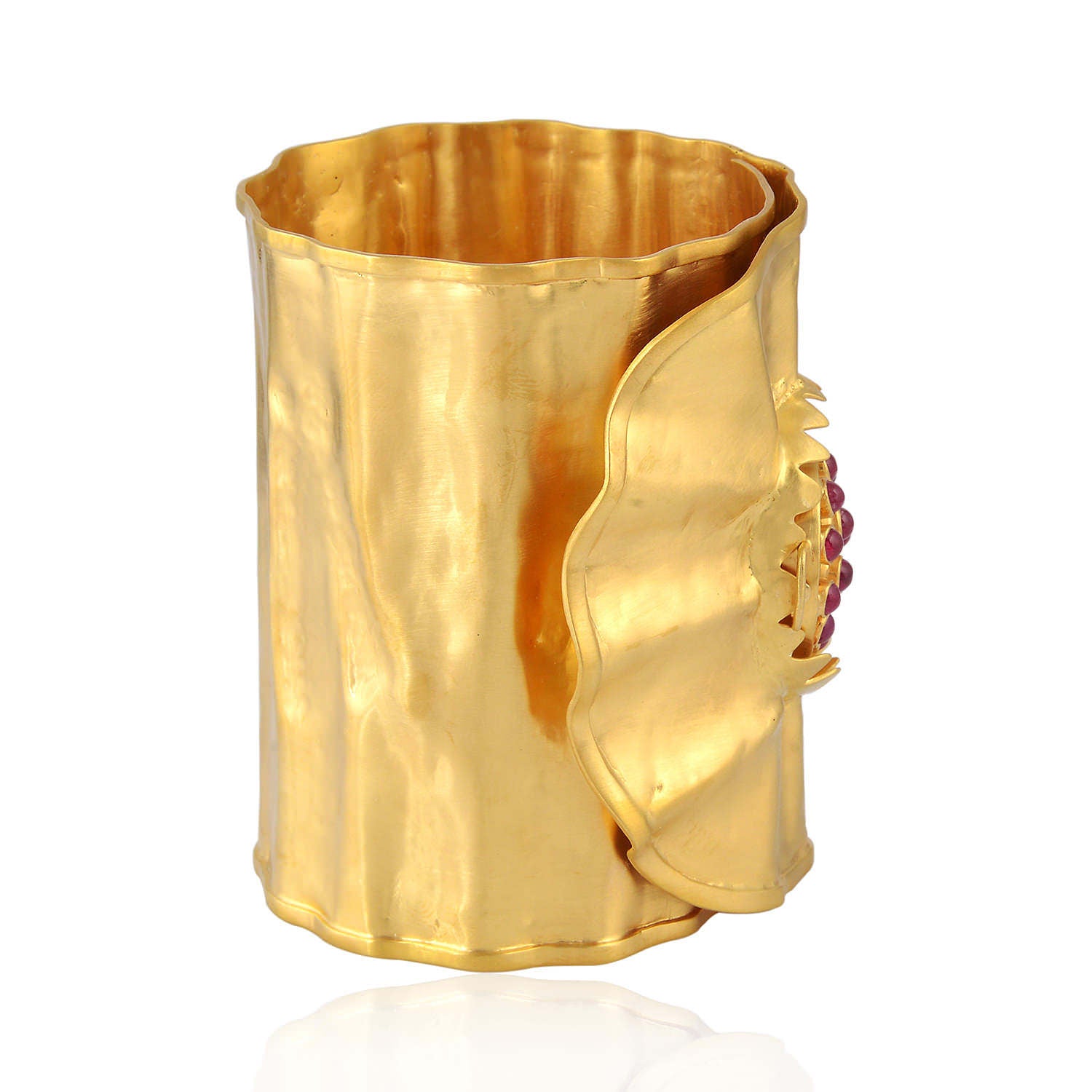 18K Yellow Gold Wrap Cuff Wedding Bangle with Bezel-Set Ruby Gemstone - Elegant Bridal Jewelry for Women, Perfect for Weddings, Anniversaries & Special Occasions