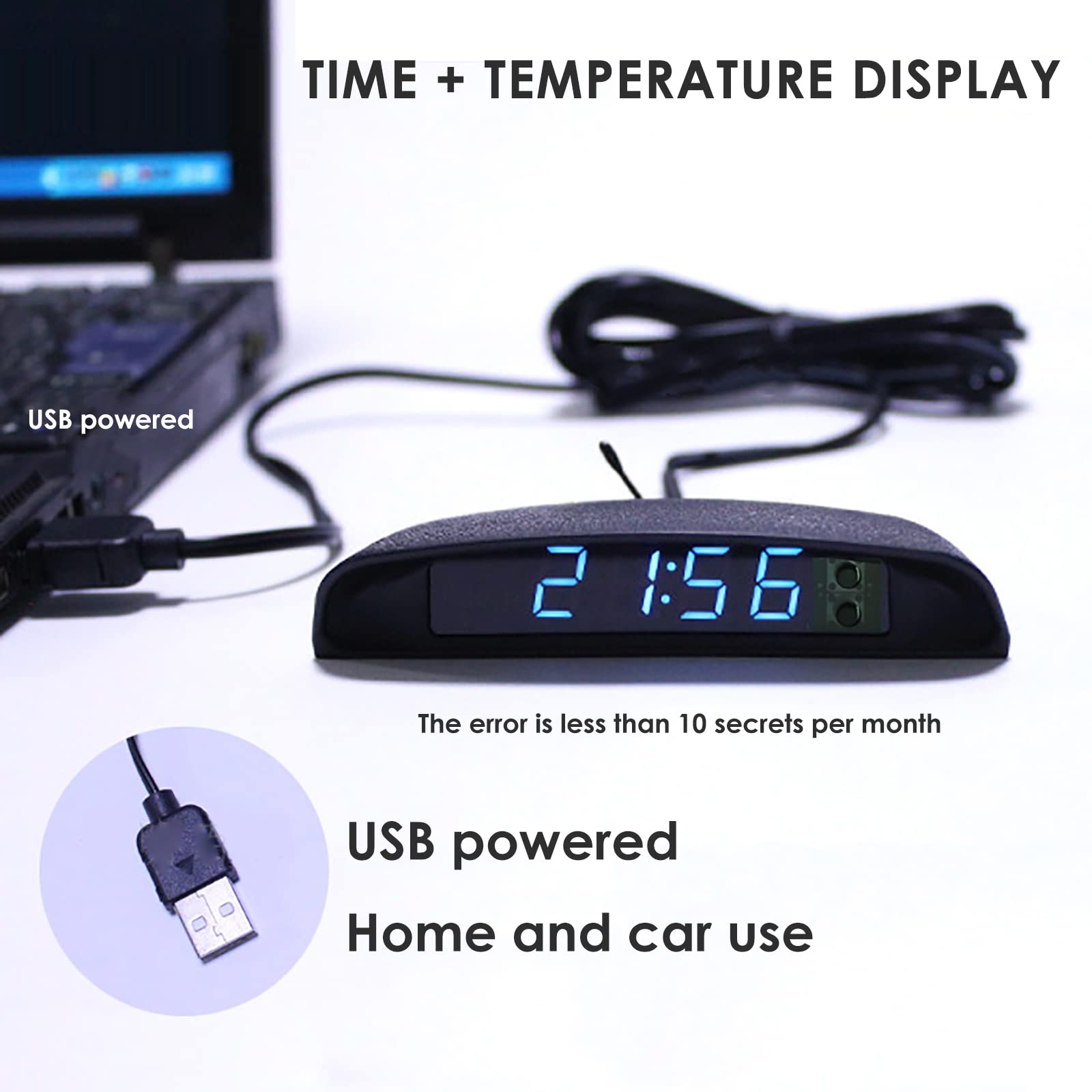 COYOUCO USB-Powered Digital Car Clock with LED Display & Adjustable Brightness - Multifunctional Auto Thermometer for Dashboard - Perfect for Road Trips, Commuting & Temperature Monitoring