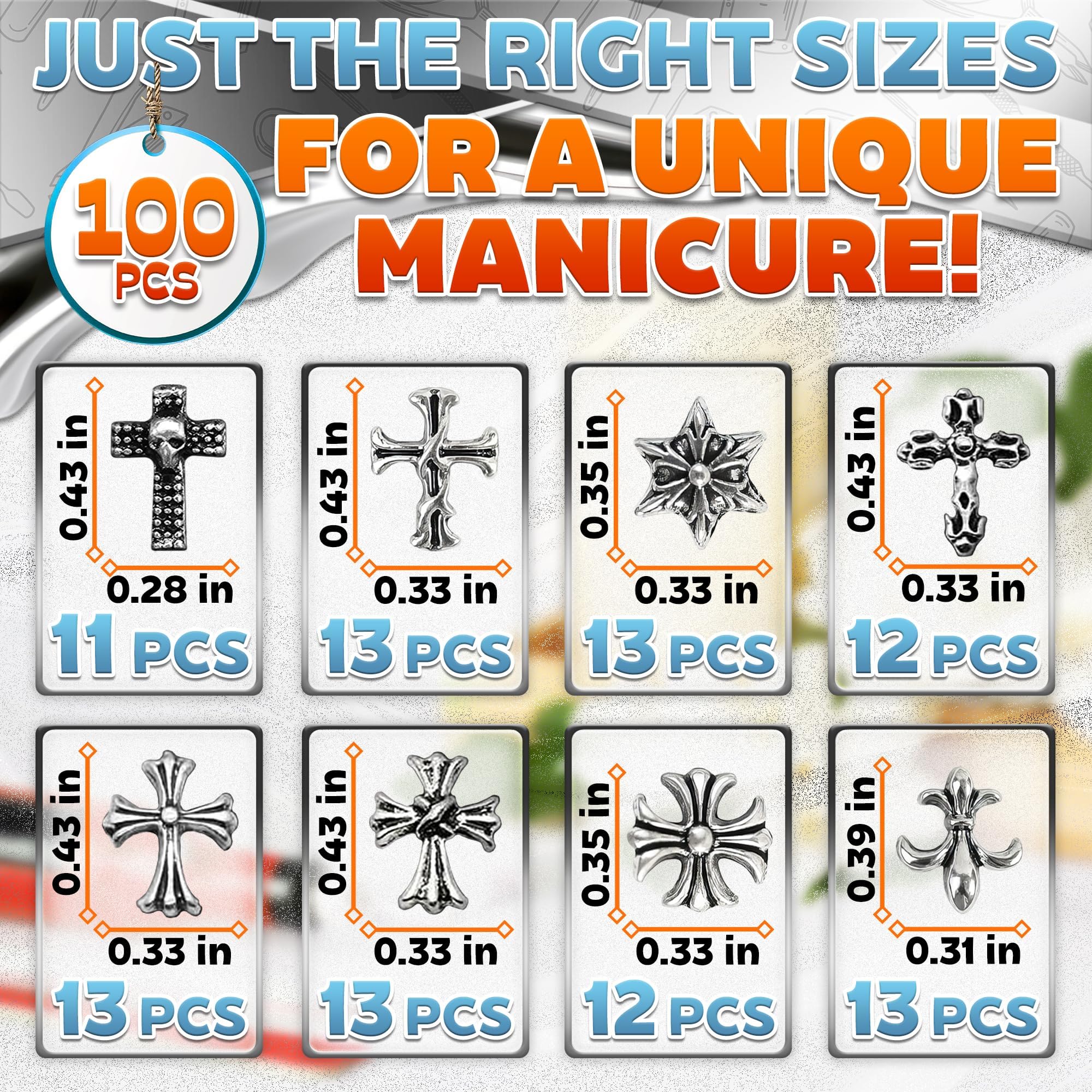 100 Pcs Silver Cross Nail Charms & Gems for Nail Art - Bulk 3D Y2K Nail Jewelry for DIY Nail Designs - Perfect for Parties, Weddings, and Salon Nail Decoration