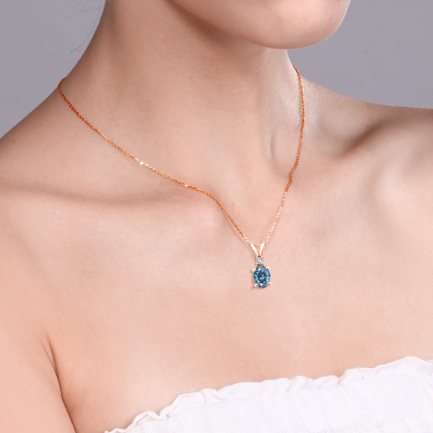 18K Rose Gold Plated Silver Gemstone Birthstone & Created Sapphire Pendant Necklace for Women - 8x6mm Oval Center Stone with 2.5mm Round Accents - Elegant Jewelry Gift for Mom, Wife, Girlfriend - 18