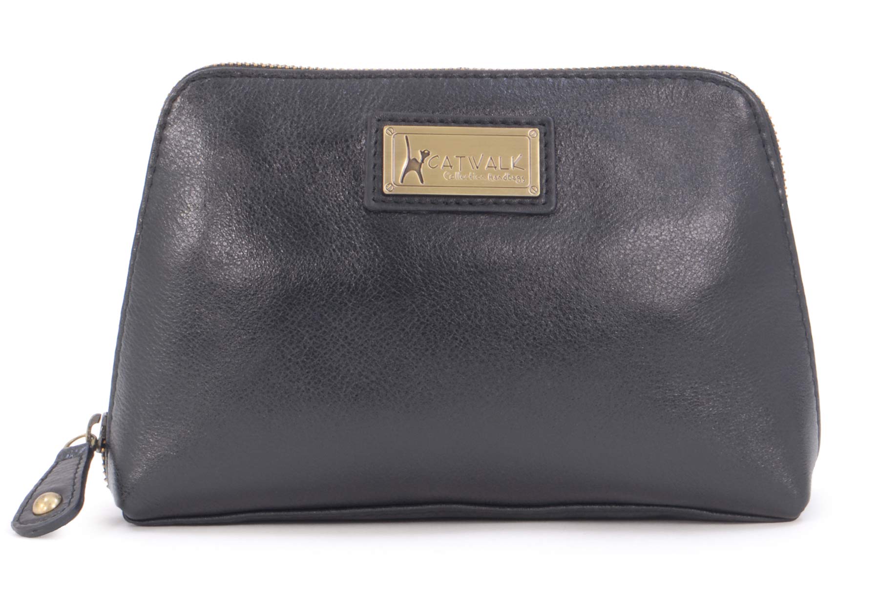 Catwalk Collection Women's Leather Cosmetic Bag - Medium Travel Makeup Pouch with Mirror - Black Emma Makeup Case for Purse, Gym & Travel Essentials