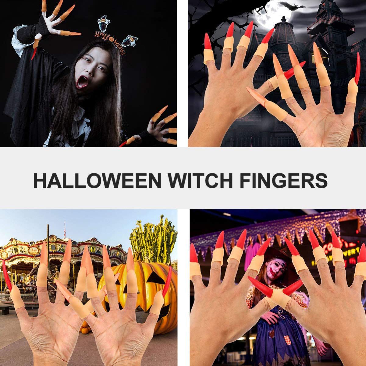 LALAFINA 60 Pcs Fake Witch Fingers - Scary Vampire & Zombie Nail Covers for Halloween Costume, Role Play, Nail Art & Party Decor (Red Plastic Finger Cots) - Perfect for Cosplay, Haunted Houses & Themed Events