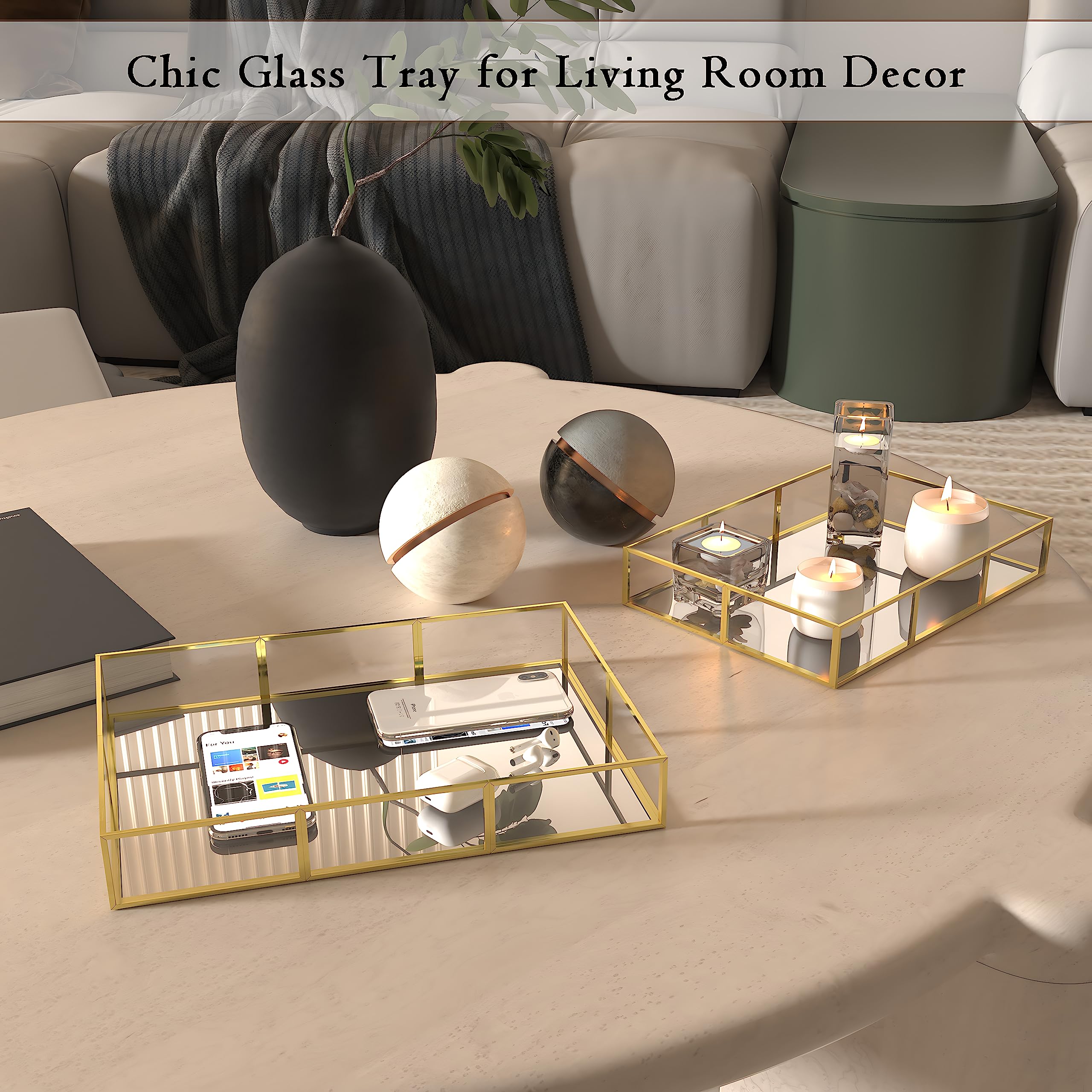 Gold Vanity Tray Set of 2 - Decorative Perfume & Jewelry Tray with Metal Frame for Dresser, Bathroom Counter, Nightstand - Perfect for Organizing Fragrances, Rings, Earrings & Home Decor Accessories