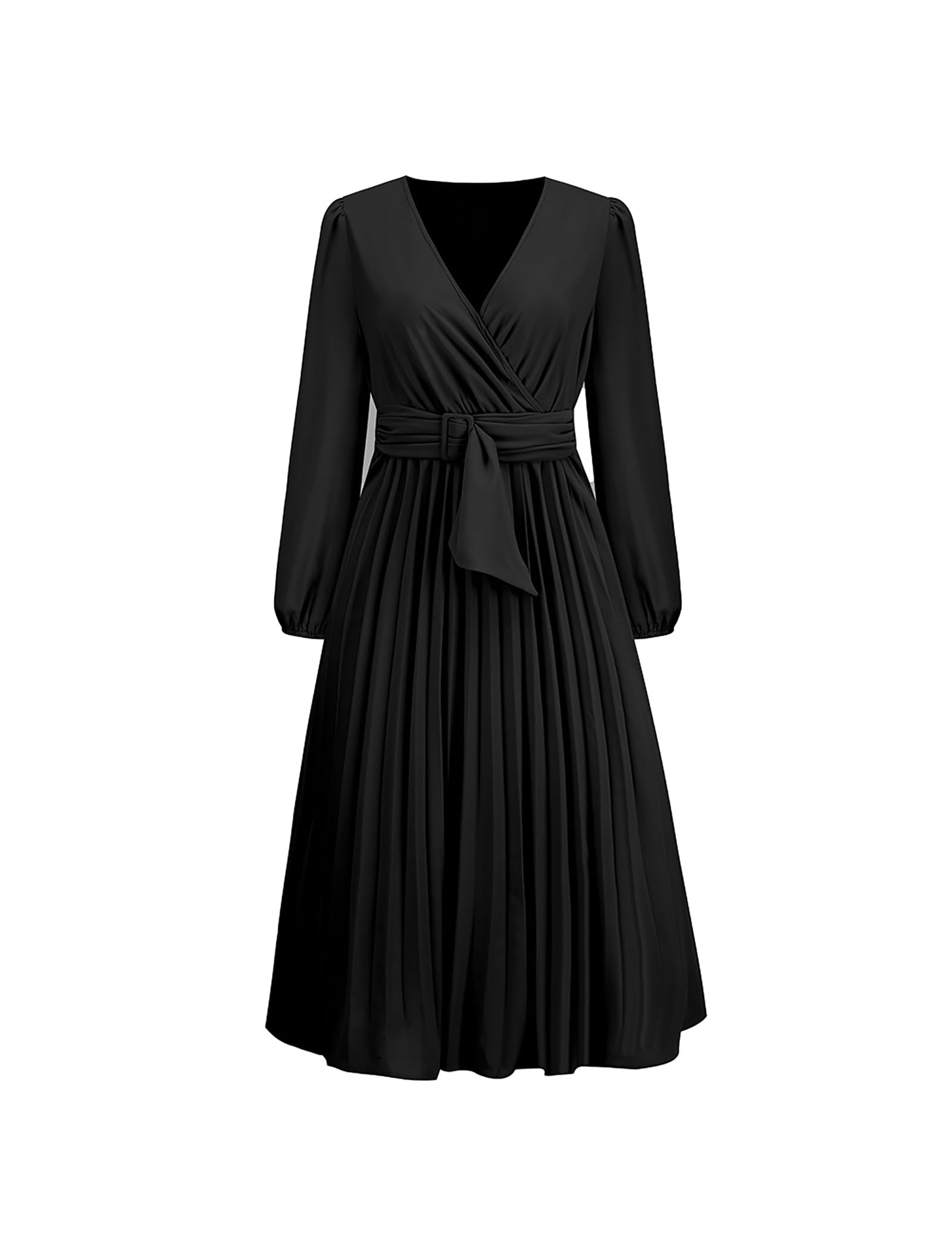 SDEER Women's Casual Midi Dress - V Neck Long Sleeve Pleated High Waist Flowy Dress for Wedding Guest, Party, Office & Everyday Wear