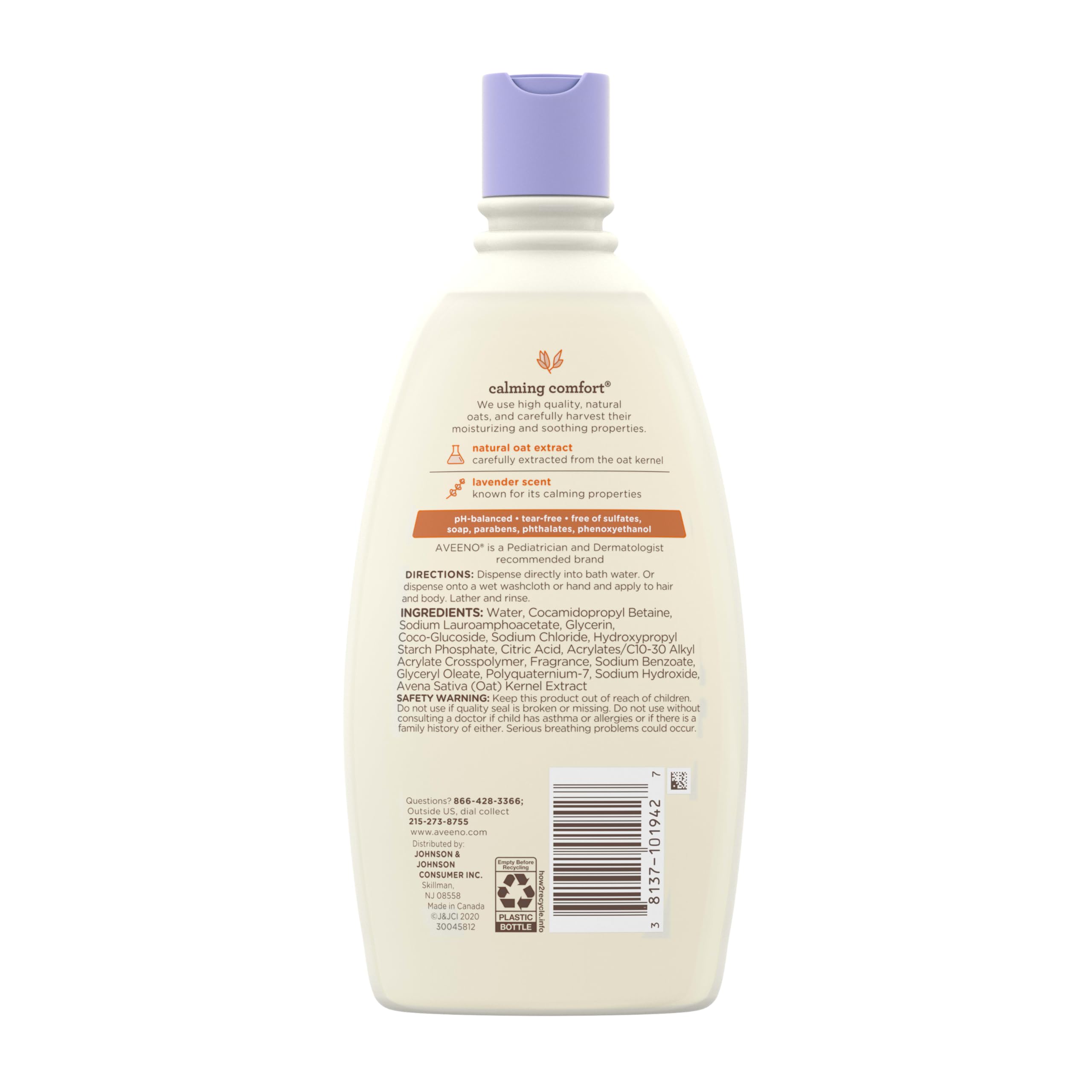 Aveeno Baby Nighttime Calming Comfort Bath, Body & Hair Wash with Lavender & Vanilla - Tear-Free, Soap-Free, Natural Oat Extract - 18 Fl Oz for Relaxing Bedtime Routine & Gentle Baby Skin Care