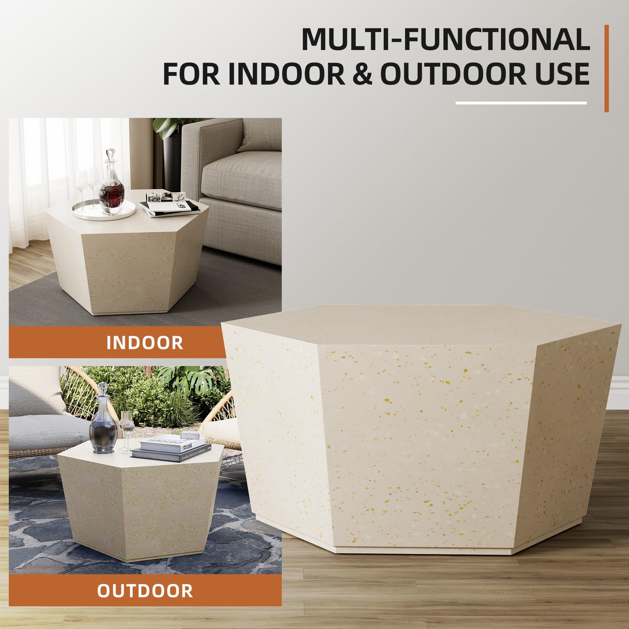 UPHA 28-inch Hexagon Concrete Coffee Table - Outdoor Patio Side Table for Garden, Backyard, Poolside - Weather-Resistant Beige Finish | Perfect for Outdoor Entertaining, Lounging & Decor