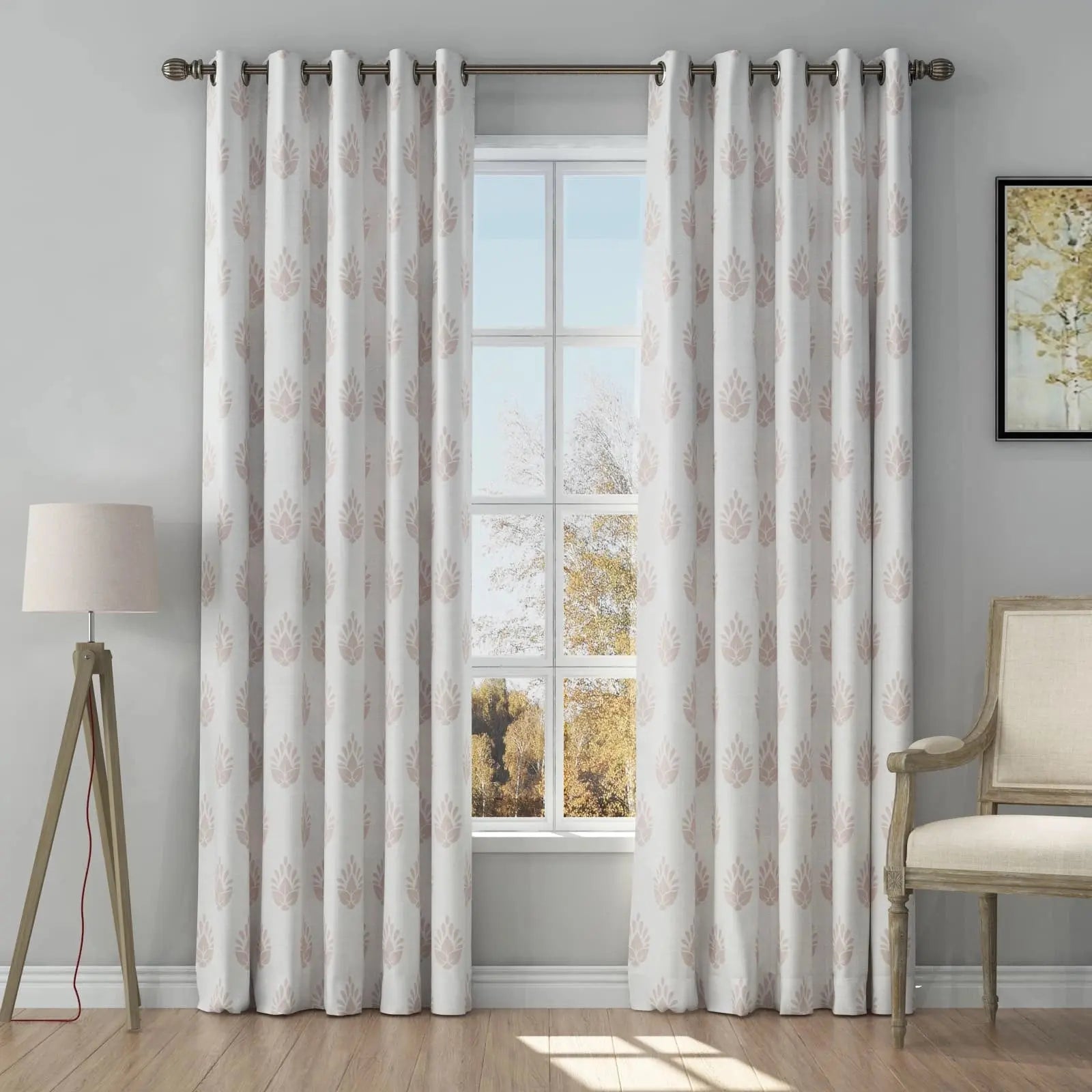 Stefana Silver Print Linen Curtains with Grommet Top - Elegant Window Drapes for Living Room, Bedroom & Dining Room Decor