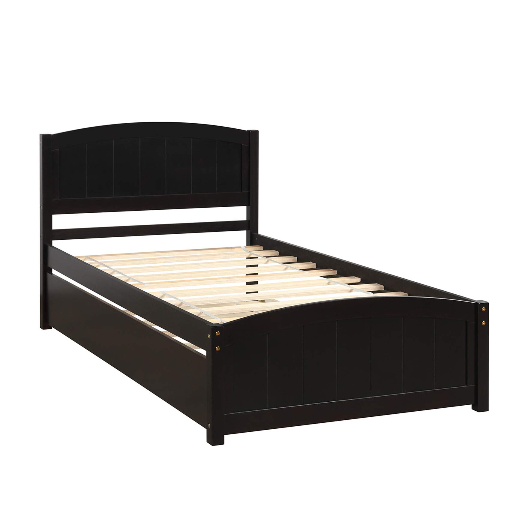 Solid Wood Twin Platform Bed with Headboard & Trundle - Finsbury Espresso for Small Spaces