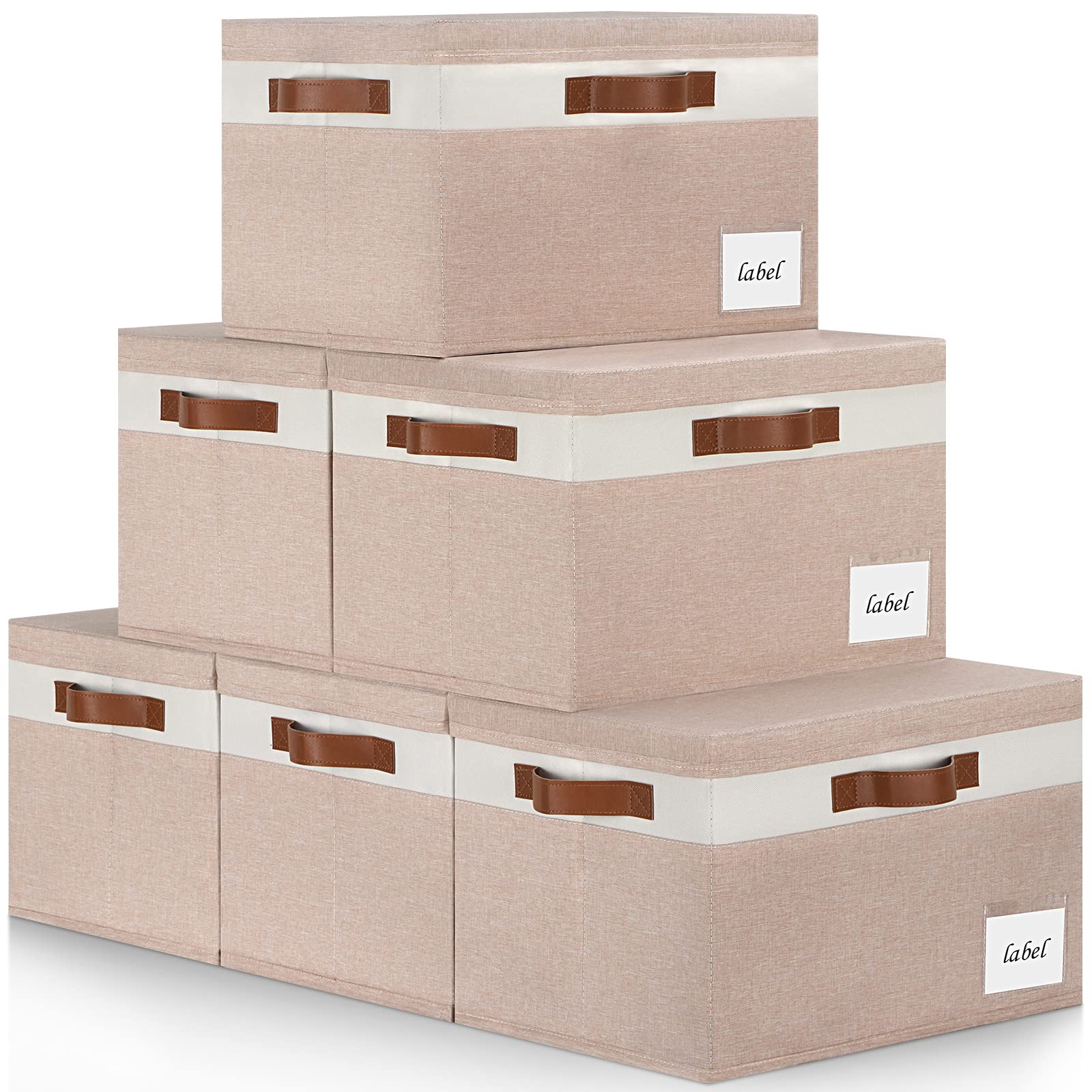 Extra Large Foldable Fabric Storage Bins with Lids (6-Pack) - 32L Sturdy Storage Boxes with PU Handles & Labels for Closet, Home, Bedroom, Office Organization - Beige & White Collapsible Storage Baskets - Perfect for Seasonal Clothes, Toys, Blankets & Household Items Storage