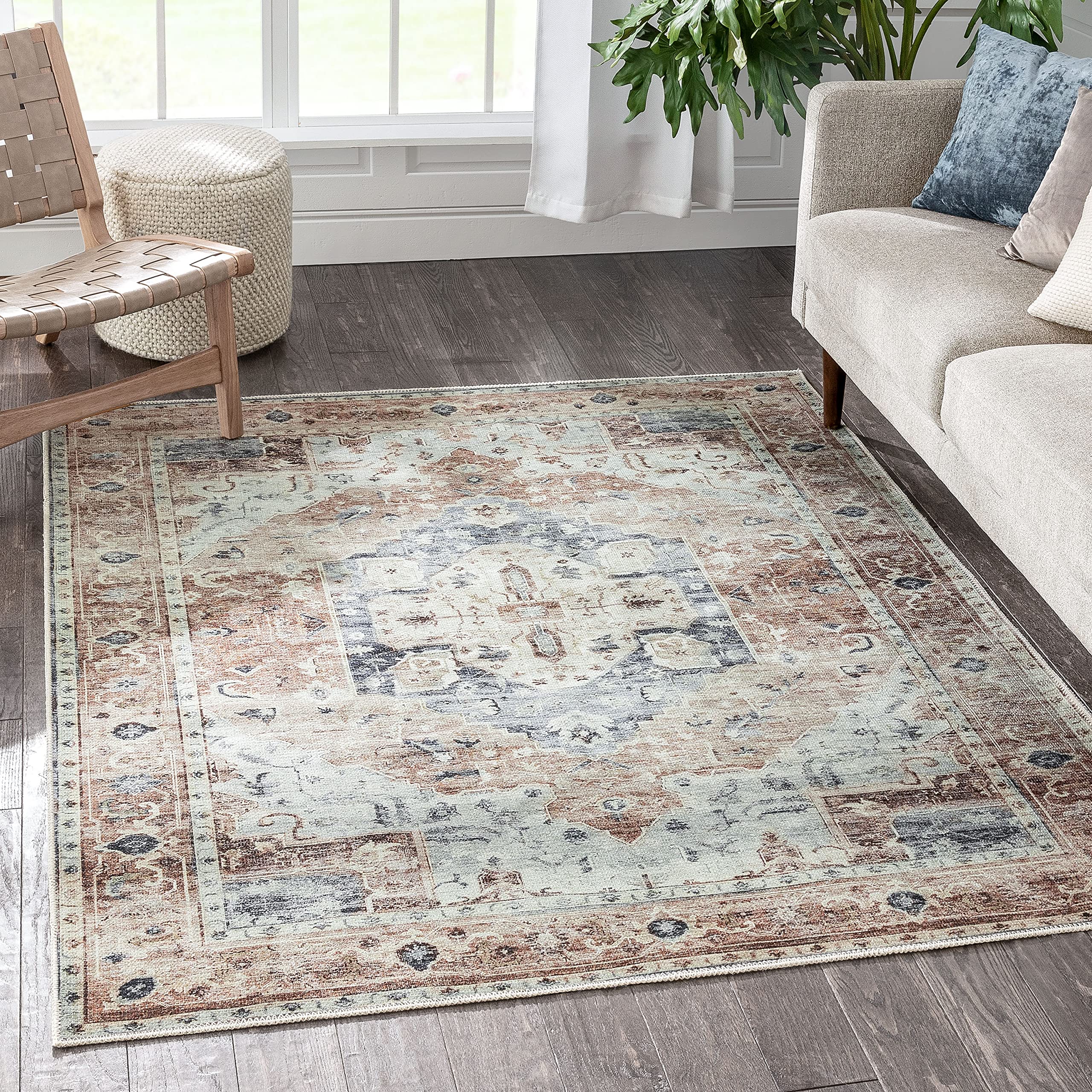 Well Woven Brinta Machine Washable Vintage Distressed Medallion Oriental Area Rug 5'3