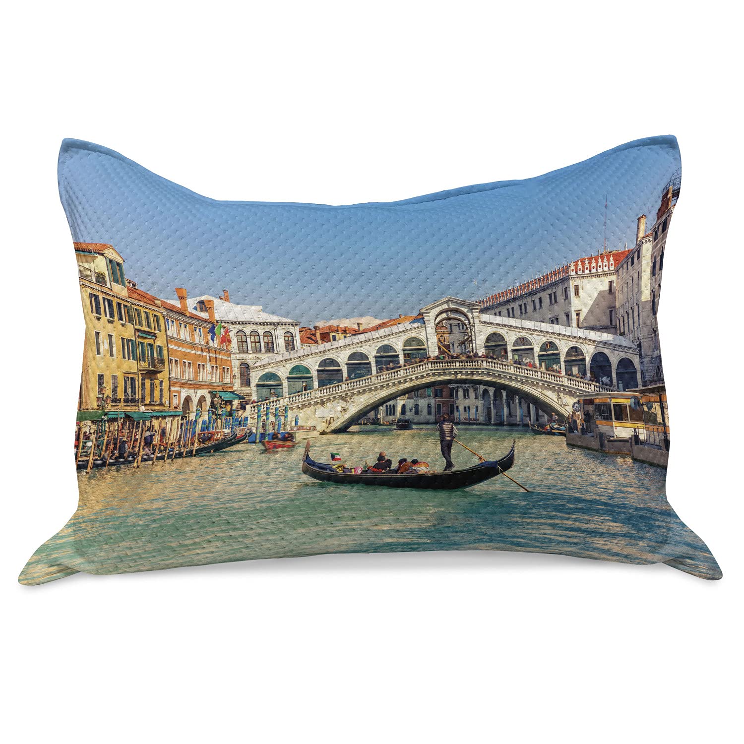 Ambesonne Venice Knitted Quilt Pillow Cover - Sunny Day Rialto Bridge & Venetian Grand Canal Cityscape Design - Standard Queen Size 30x20 Inch Multicolor Decorative Pillowcase for Bedroom, Living Room, Sofa - Perfect Travel Destination Home Decor Gift