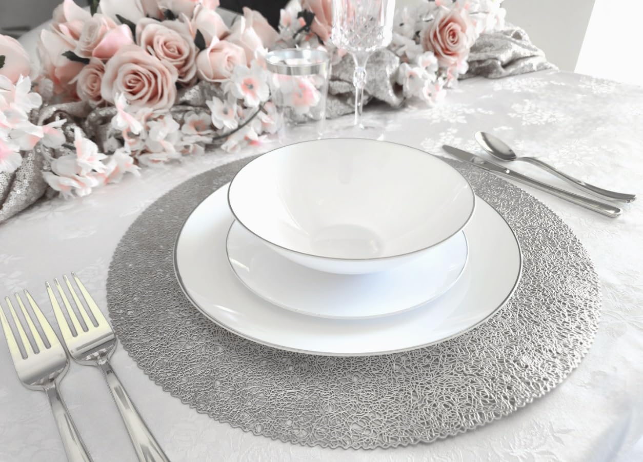 120-Pack Metallic Silver Pressed Vinyl Round Placemats - Elegant Wedding Table Decor & Dinner Party Centerpieces for Glamorous Occasions