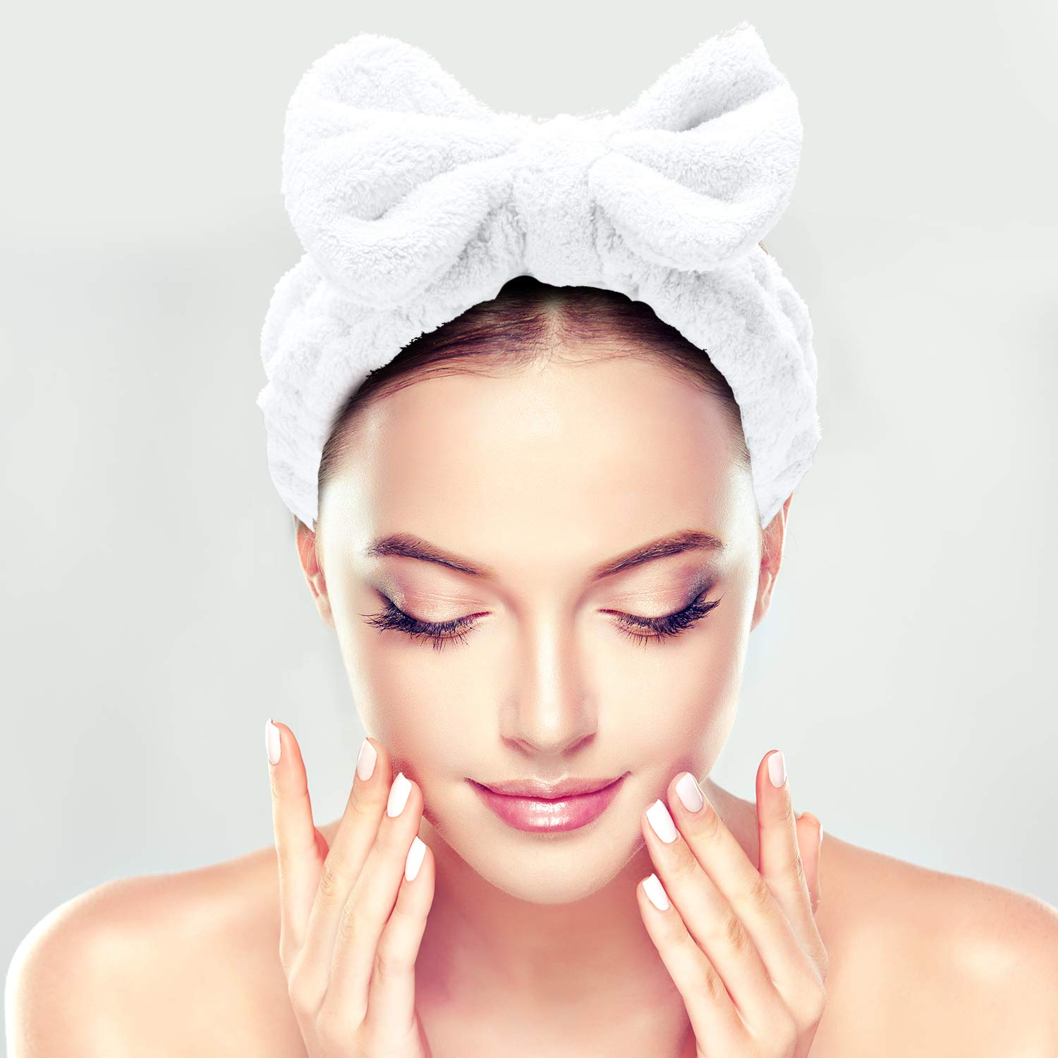Senkary 4 Pack Soft Microfiber Bowtie Headbands for Women & Girls - Spa, Shower, Makeup & Face Wash Headband Set (White, Blue, Black, Dark Grey) - Perfect for Skincare Routine, Hair Styling & Relaxing at Home