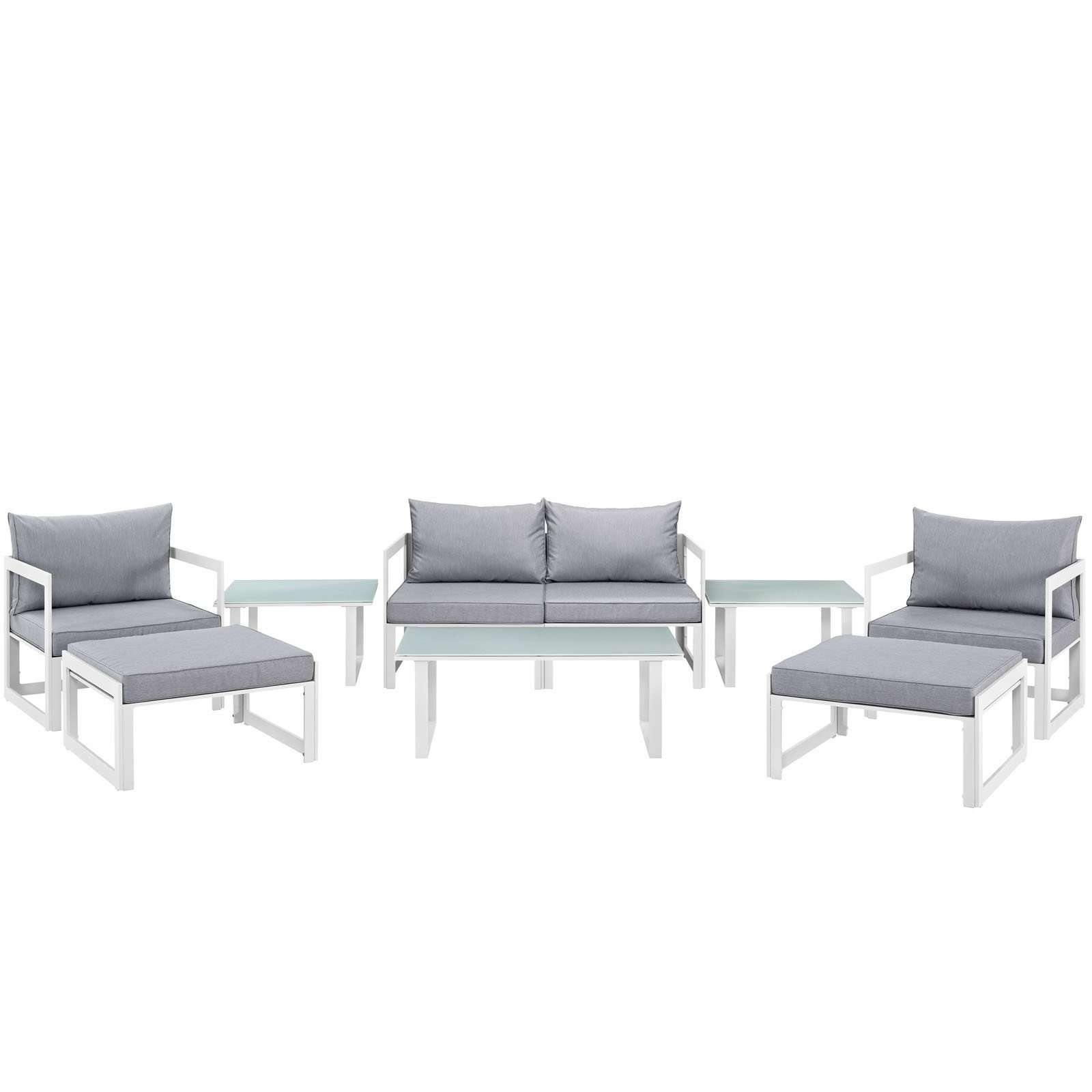 Modern Urban Contemporary 9-Piece Outdoor Patio Sectional Sofa Set with White Grey Fabric & Steel Frame - Perfect for Backyard, Poolside, and Garden Relaxation