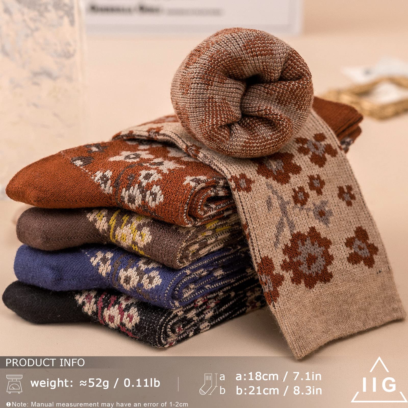 Vintage Wool Socks for Women - 5 Pairs Cozy Crew Socks with Unique Print | Christmas Gifts & Winter Wear
