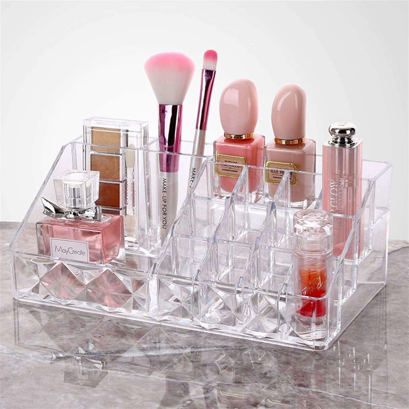 Pink Diamond Pattern Cosmetic Organizer Box with Brush Holder - 4 Drawers & 2-Piece Set for Jewelry, Makeup & Skincare Storage | Perfect for Vanity, Bathroom & Travel Organization (White)