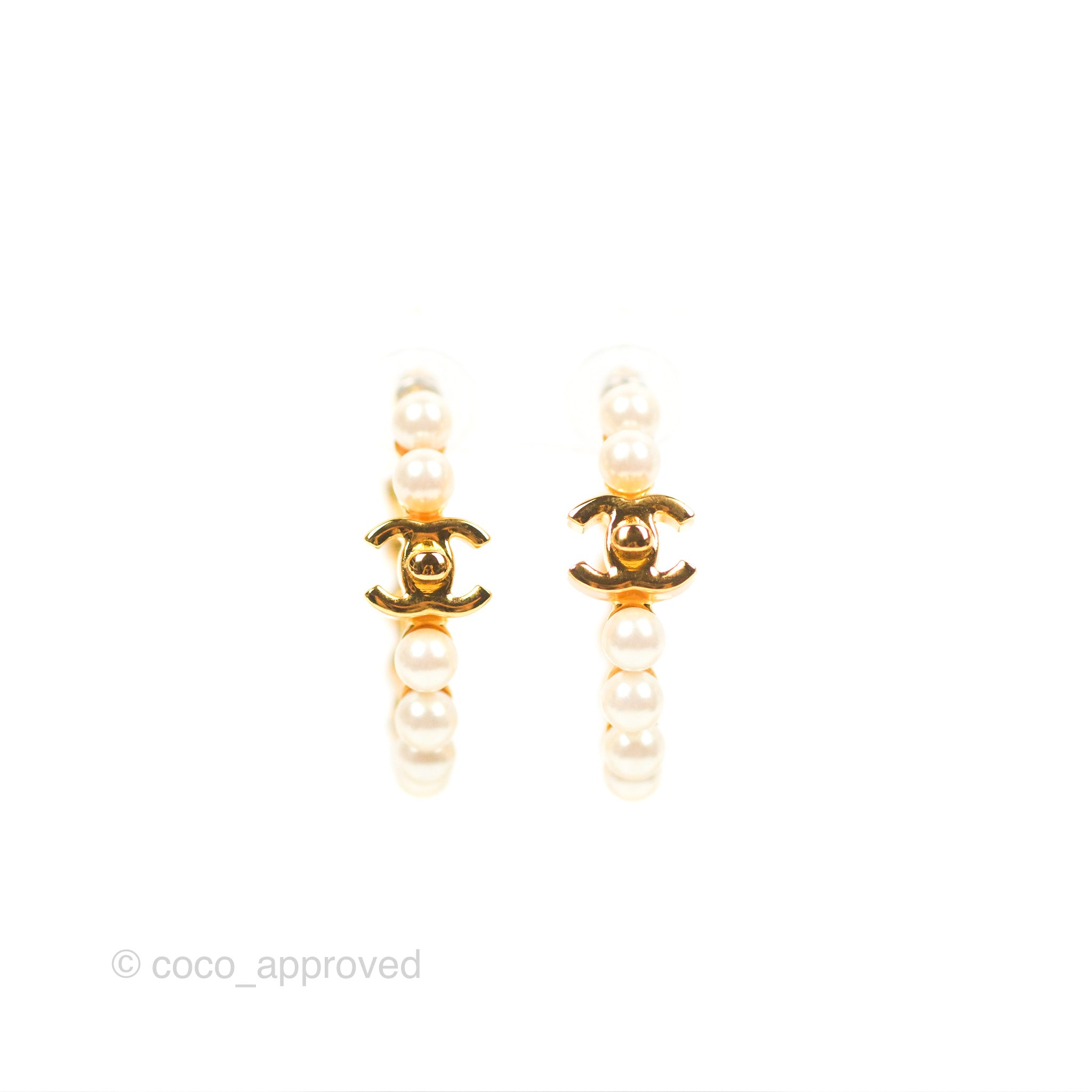 Chanel CC Pearl Hoop Earrings - Gold Tone Luxury Fashion Jewelry for Women | Perfect for Parties, Weddings & Special Occasions