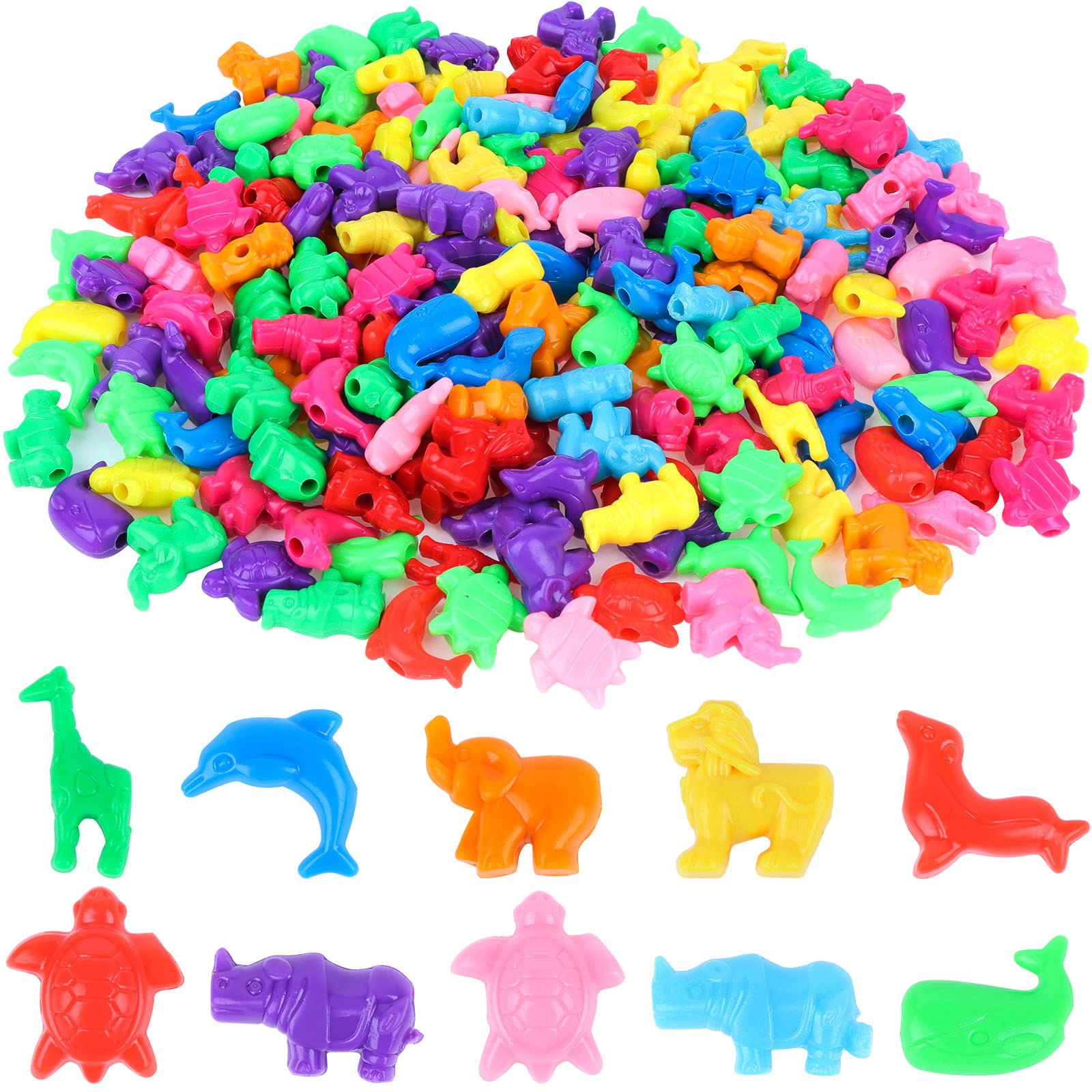 200 Pcs Mixed Animal Shaped Beads - Colorful Marine & Jungle Animal Spacer Beads for DIY Jewelry Making, Kids Crafts, Bracelets, Necklaces & Keychains - 1 Inch Plastic Craft Beads for Zoo Theme Party Favors & School Projects
