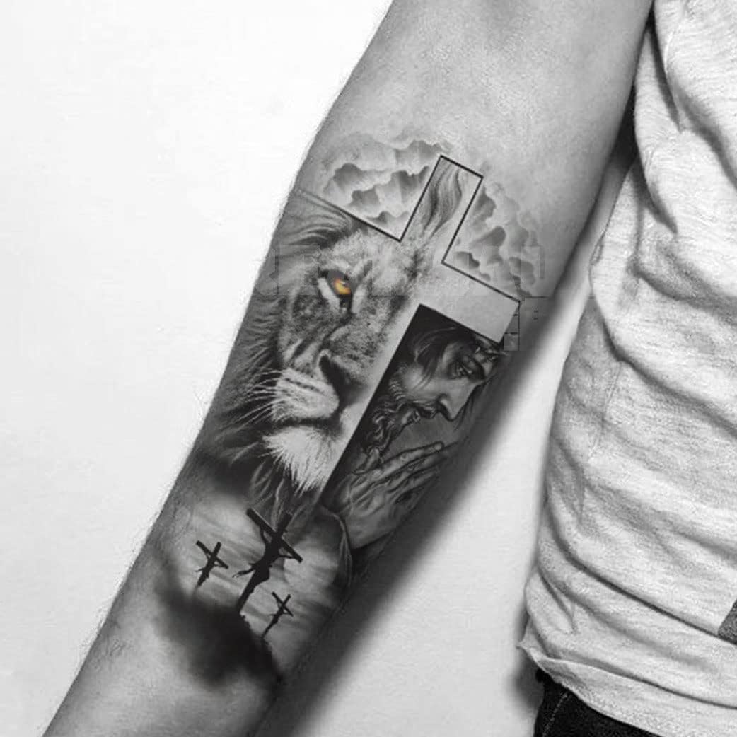 2 Pack Large Half Arm Sleeve Temporary Tattoos for Men & Women - Waterproof Fake Tattoos with Forest Lion, Jesus Cross & Old School Designs - Realistic Animal & Religious Tattoo Stickers for Halloween, Cosplay & Costume Parties