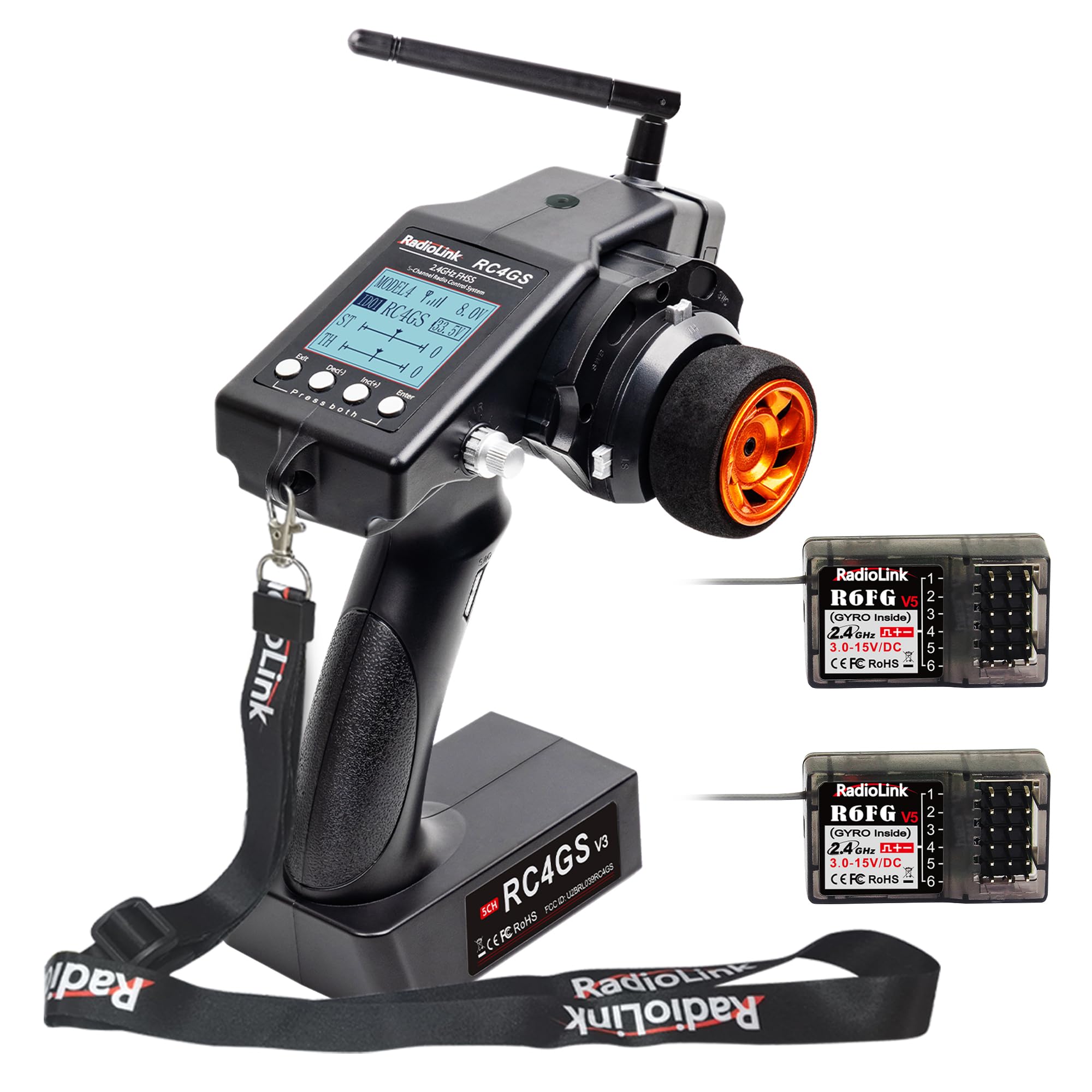 Radiolink RC4GS V3 2.4GHz 5-Channel RC Radio Transmitter with 2 R6FG Gyro Receivers - Remote Control System for Crawler, Truck, Car, and Boat - Perfect for Off-Road Racing, Drifting, and Water Sports