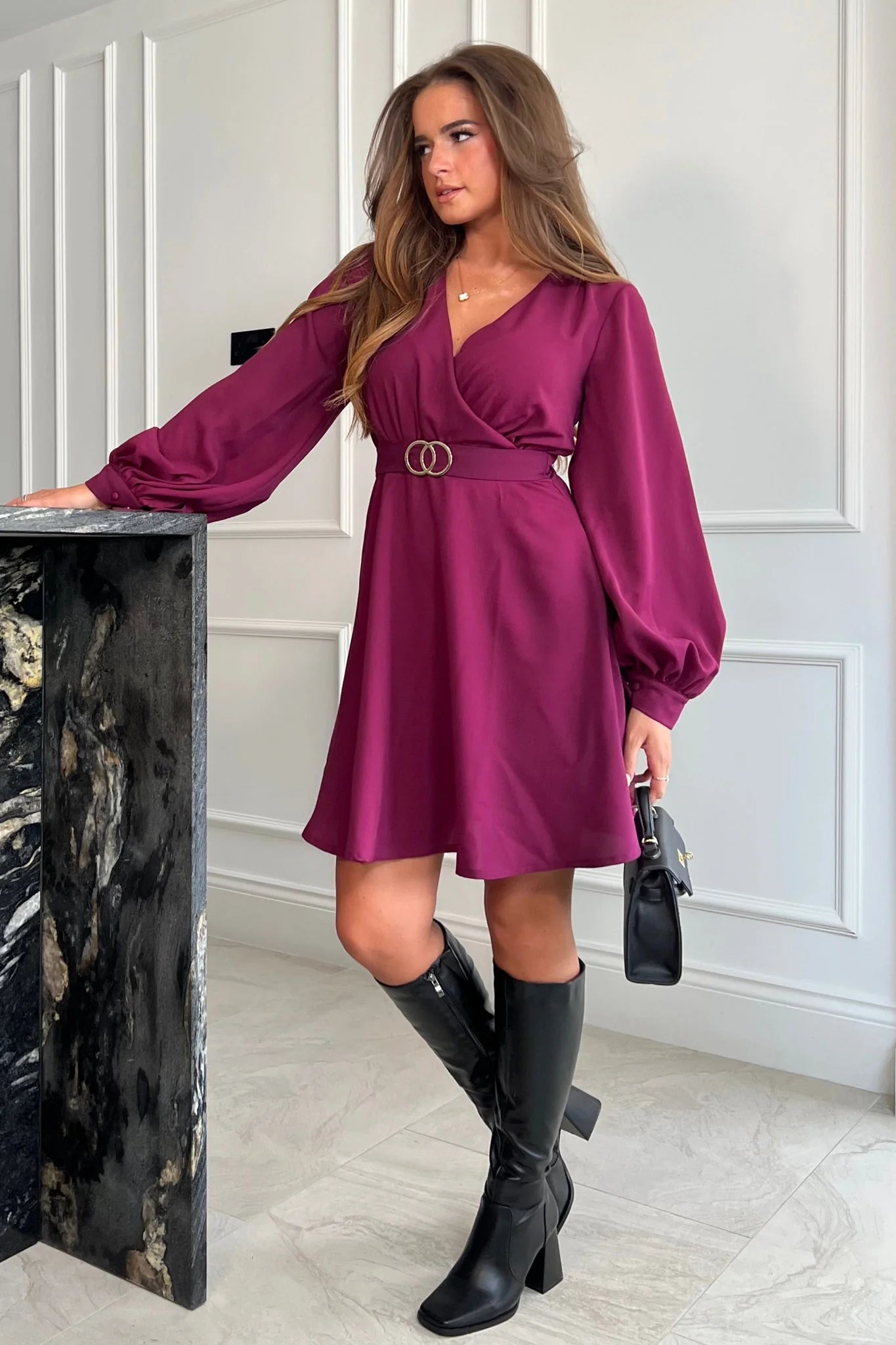 Floretta Long Sleeve Buckle Skater Dress for Women - Stretchy A-Line Swing Dress in Berry Red - Perfect for Casual Wear, Date Nights & Office Outfits