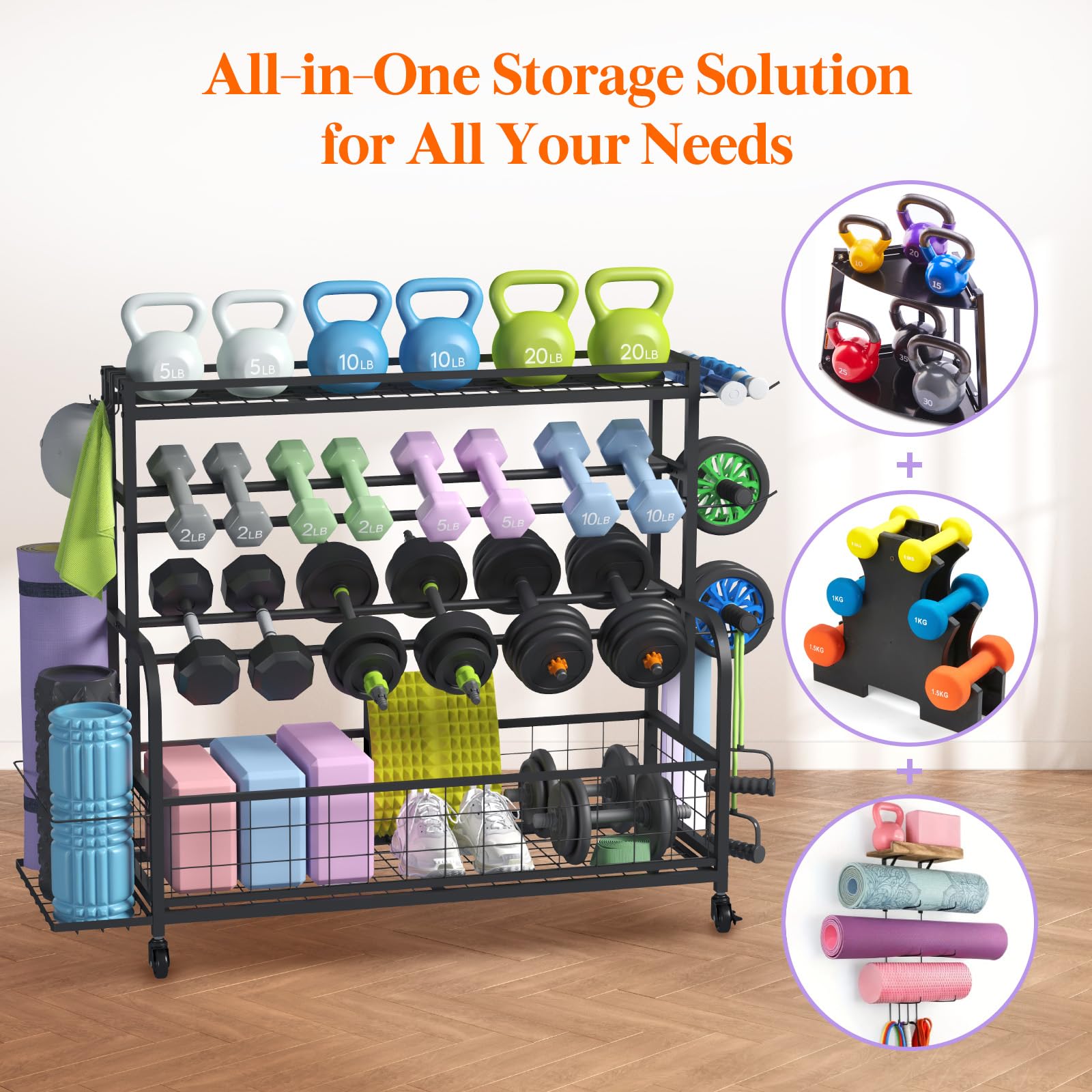 Lifewit Heavy Duty Adjustable Weight Rack for Home Gym - Dumbbell & Kettlebell Storage Organizer with Wheels, Yoga Mat Holder - Perfect for Strength Training, CrossFit, and Home Workout Space Organization