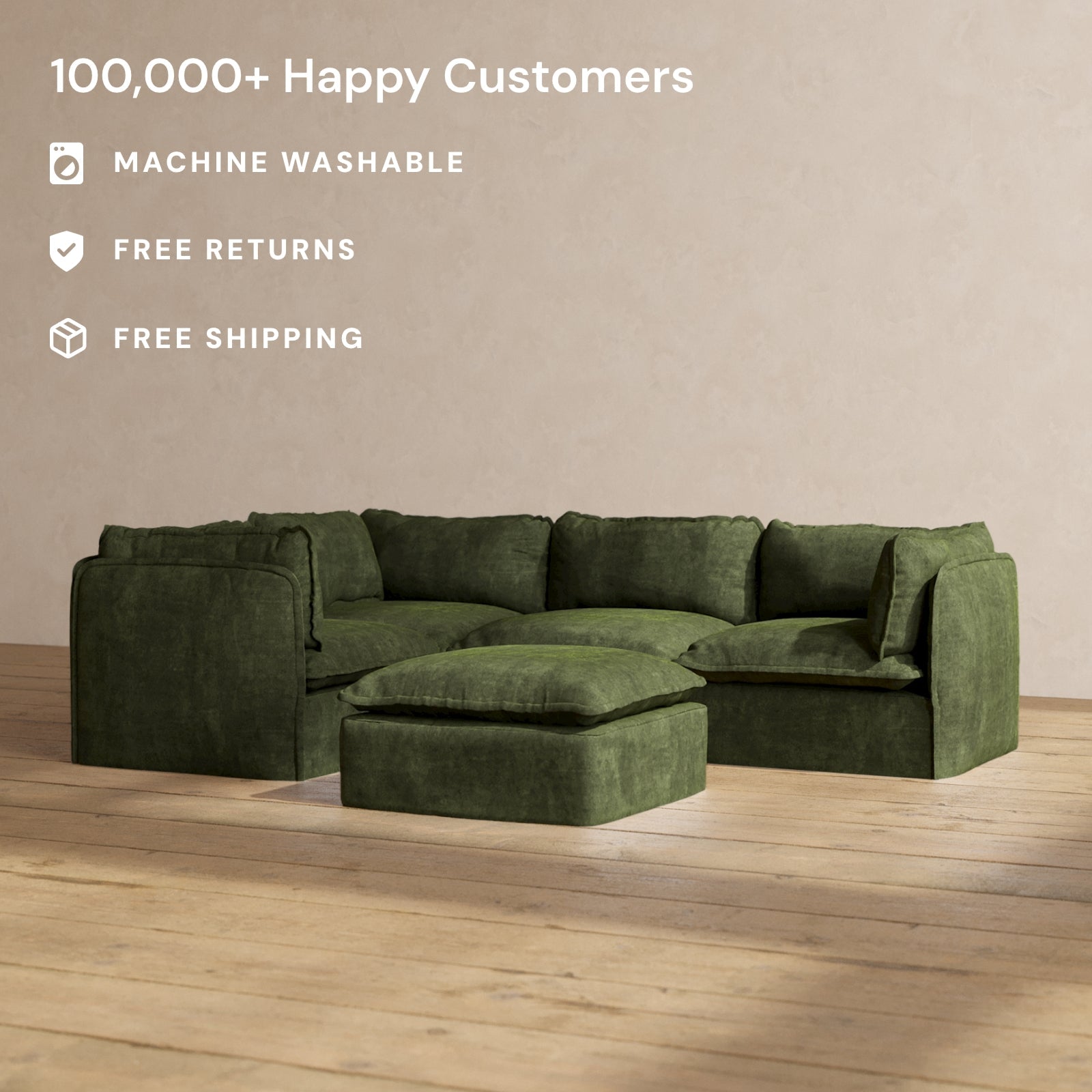 Modular Performance 4-Seater Corner Sectional Sofa with Ottoman in Olive Green | Premium Blend Fabric | Perfect for Living Room, Family Room & Home Theater