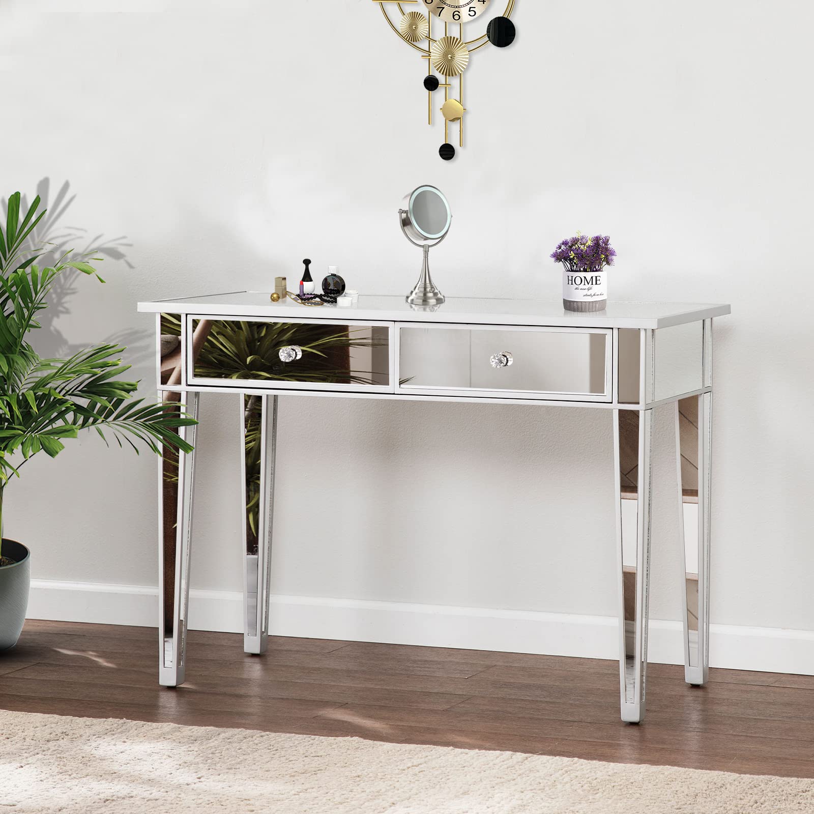 MTFY Modern Mirrored Console Table - 2 Drawer Vanity Desk with Crystal Knobs for Makeup, Home Office & Living Room | Elegant Writing Desk with Smooth Finish | Perfect for Bedroom Decor & Dressing Area