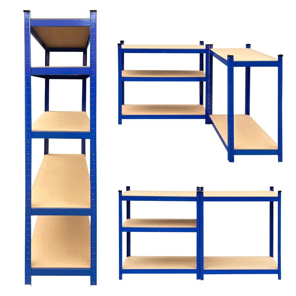 Heavy Duty 5-Tier Metal Shelving Unit - 148x70x30cm Boltless Steel & MDF Storage Rack with 750KG Capacity (150KG Per Shelf) - Blue Industrial Shelves for Garage, Shed, Warehouse & Home Organization