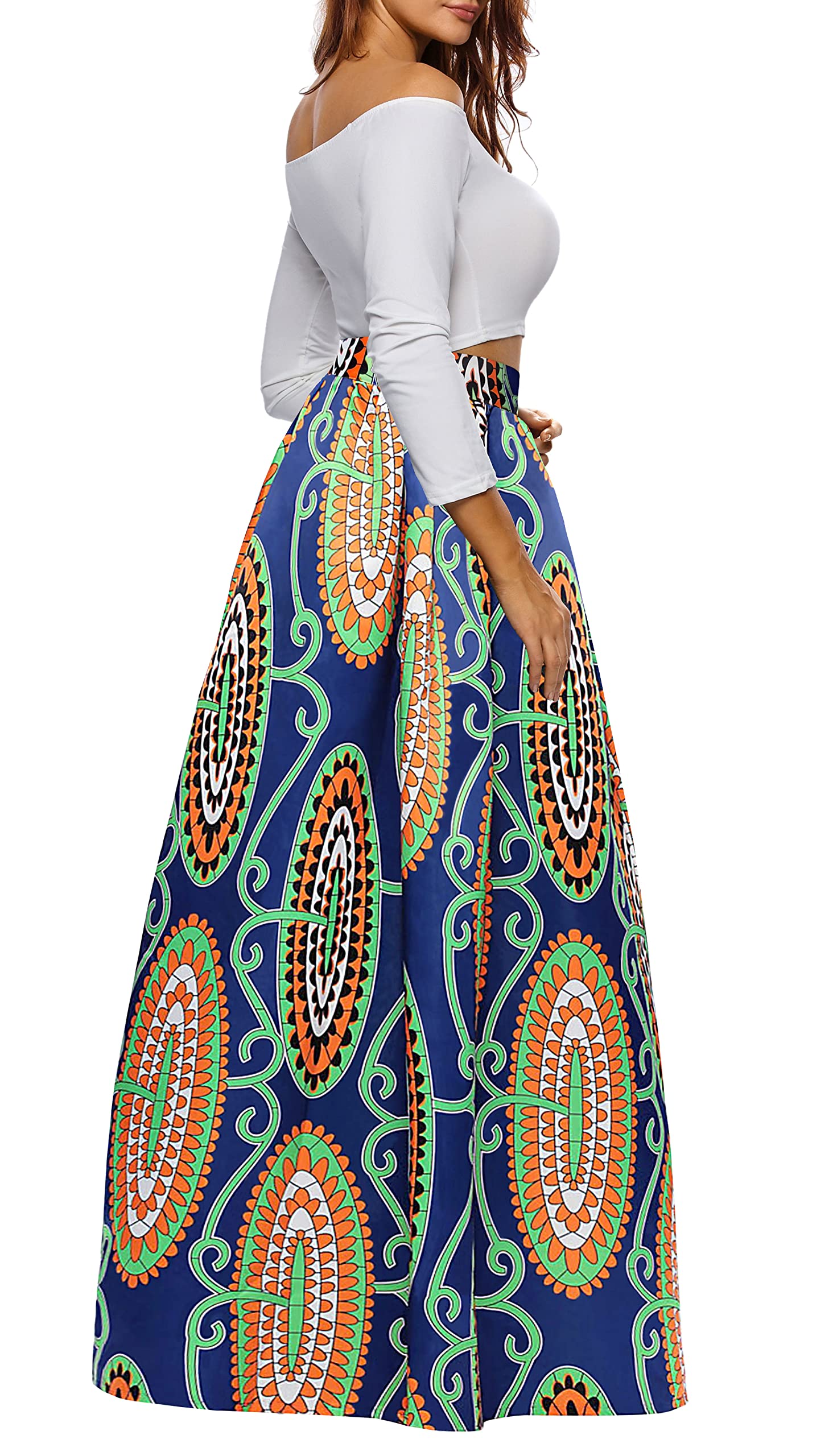 Afibi Women's African Print Maxi Skirt - Flared A-Line Long Skirt with Pockets (Sizes S-5XL) | Boho Chic Summer Dress for Beach, Vacation & Casual Wear