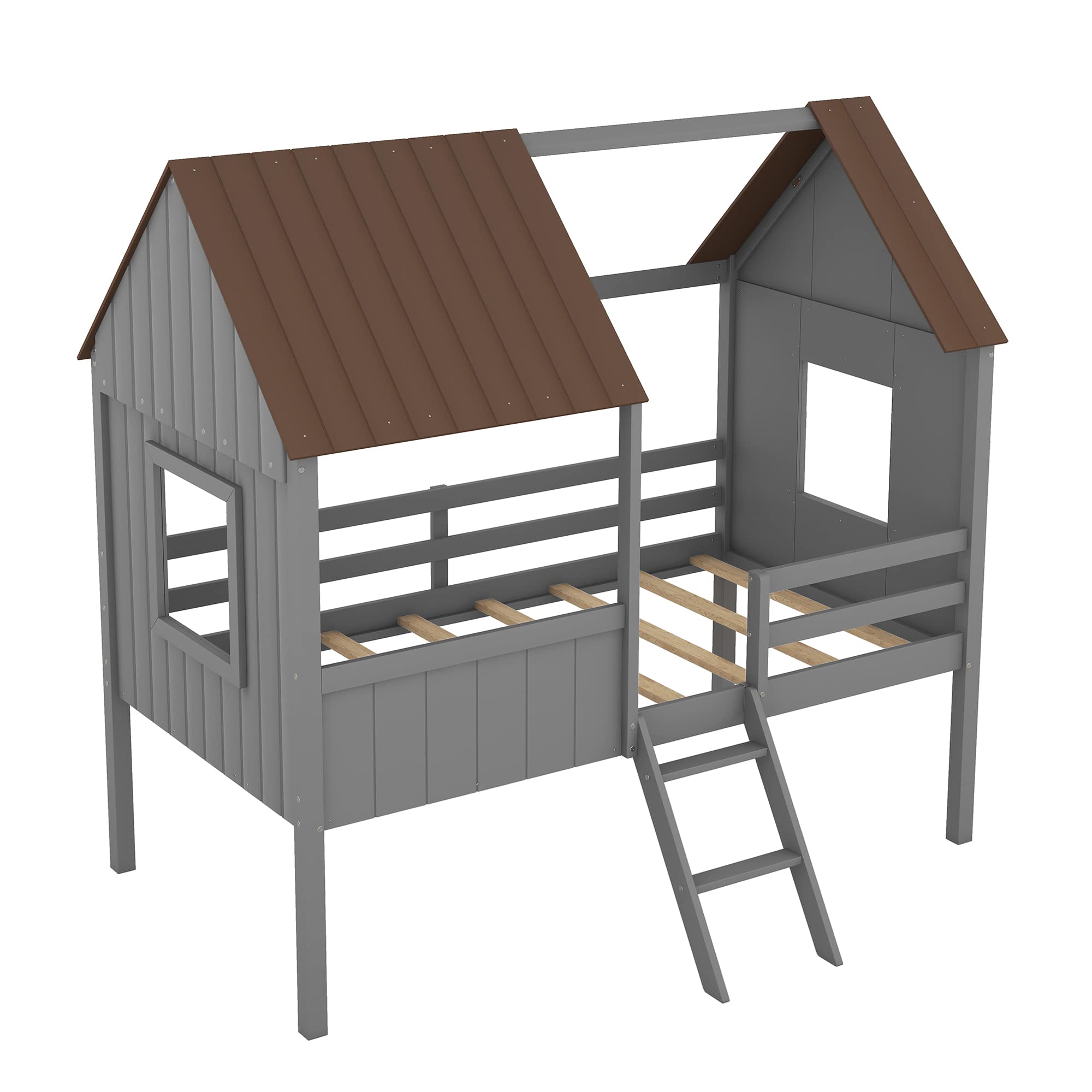 Twin Size Low Loft Bed for Kids - Wooden House Bed Frame with Side Windows, Roof & Safety Rails - Antique Gray - Perfect for Small Rooms & Play Areas