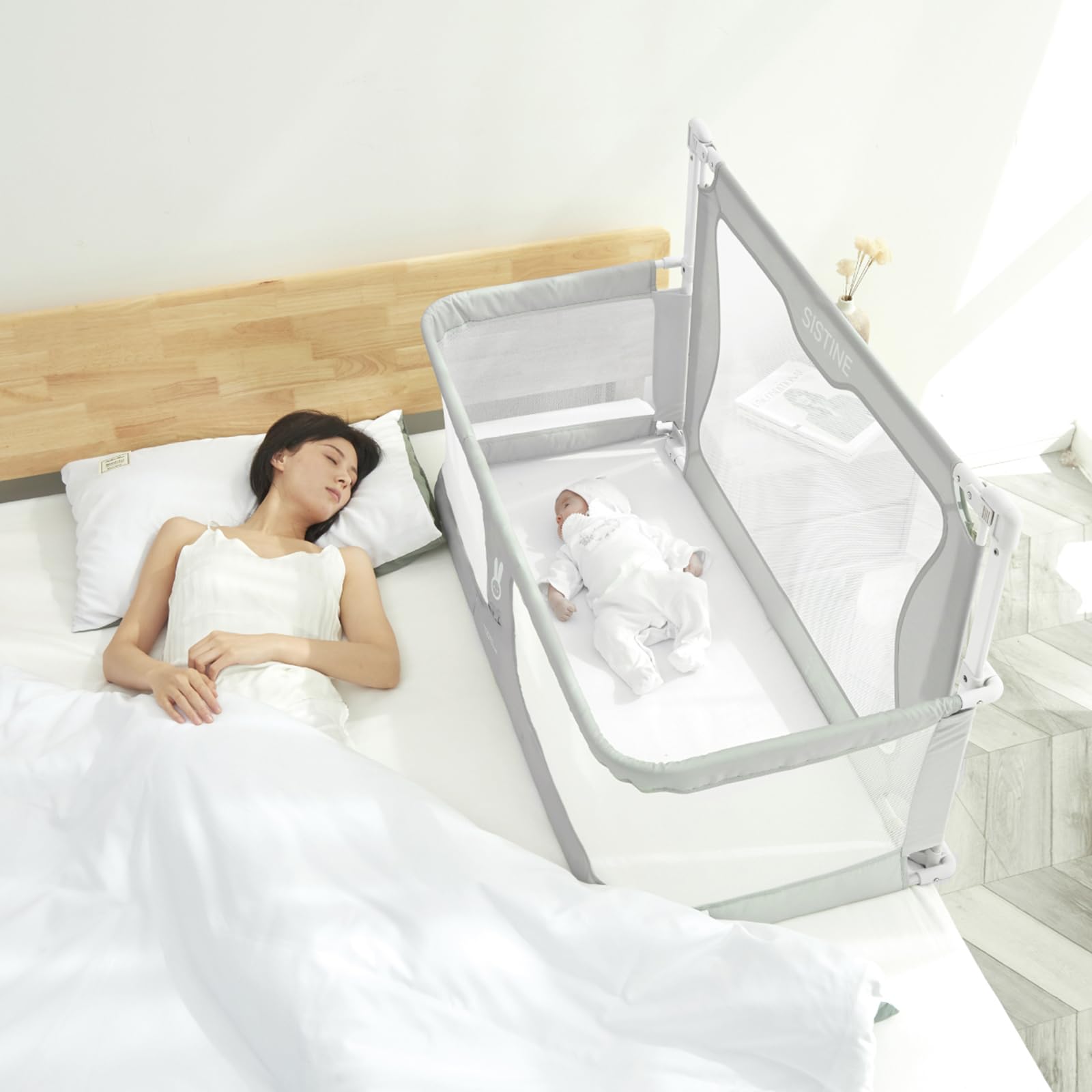 **SISTINE 3-in-1 Baby Co-Sleeper Bedside Crib – Adjustable Bed Guard for Safe Cosleeping – Gray (Infant, Baby Boy & Girl) – Perfect for Nursery, Travel & Bed Sharing**