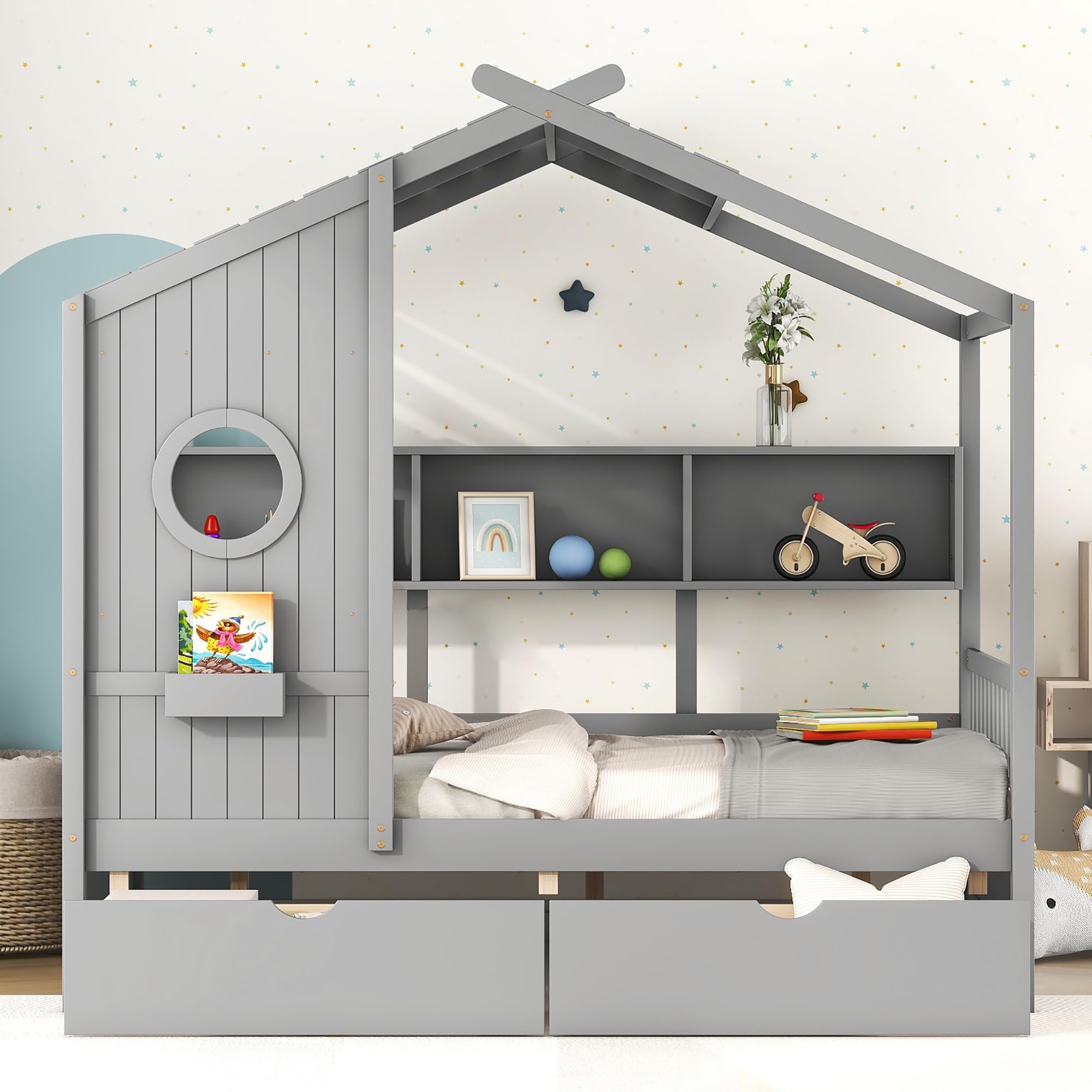 Bellemave Full Size Wooden House Bed Frame with 2 Storage Drawers & Shelves - Kids Bed for Girls & Boys, Gray - Perfect for Bedroom Decor & Small Space Organization