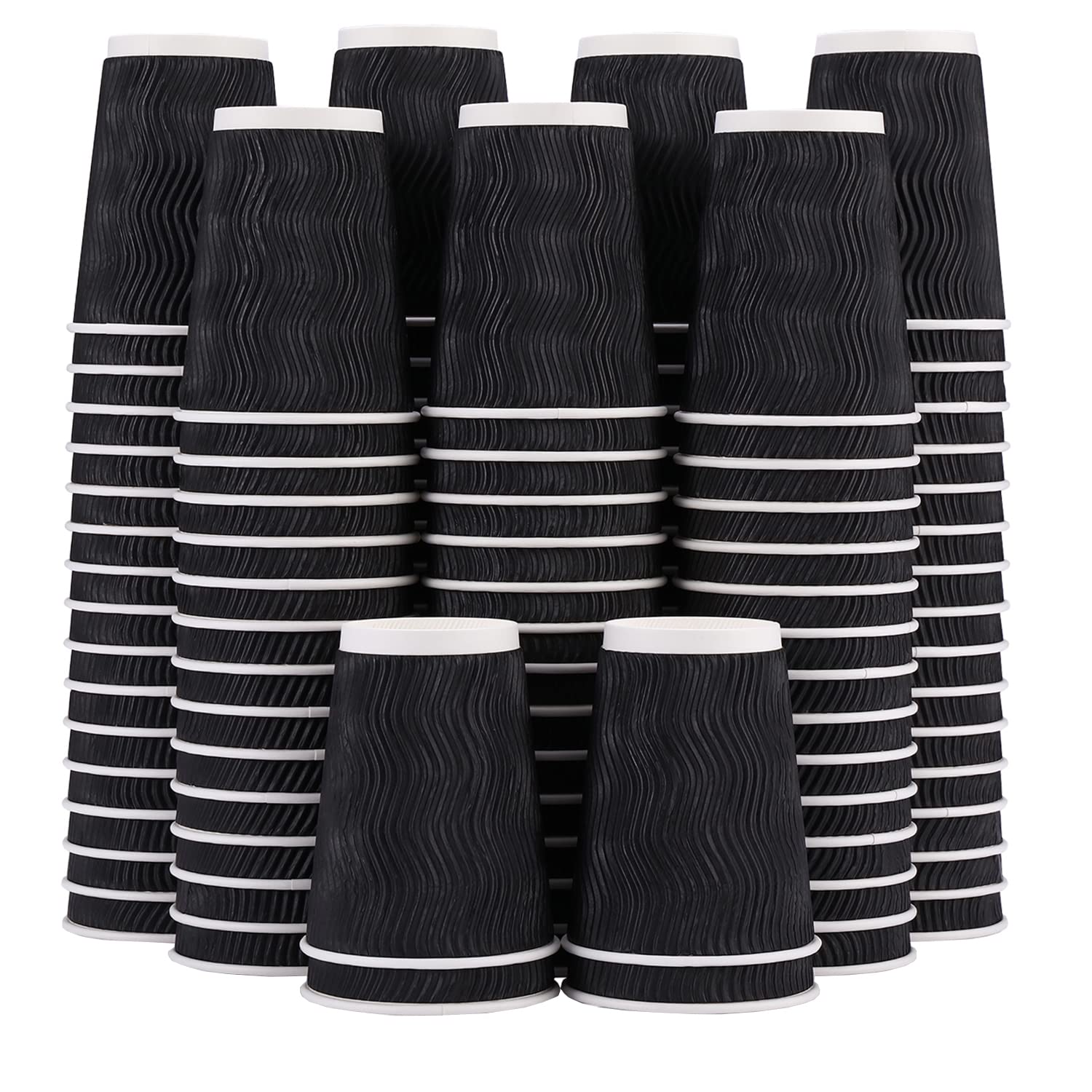 Lamosi 12 oz Disposable Coffee Cups - 120 Pack, Insulated Corrugated Paper Cups for Hot & Cold Drinks, Eco-Friendly Kraft Ripple Wall Cups for Office, Home, Party, Travel, Cafe - Perfect for Morning Coffee, Iced Tea, Office Meetings & Outdoor Events (Black)