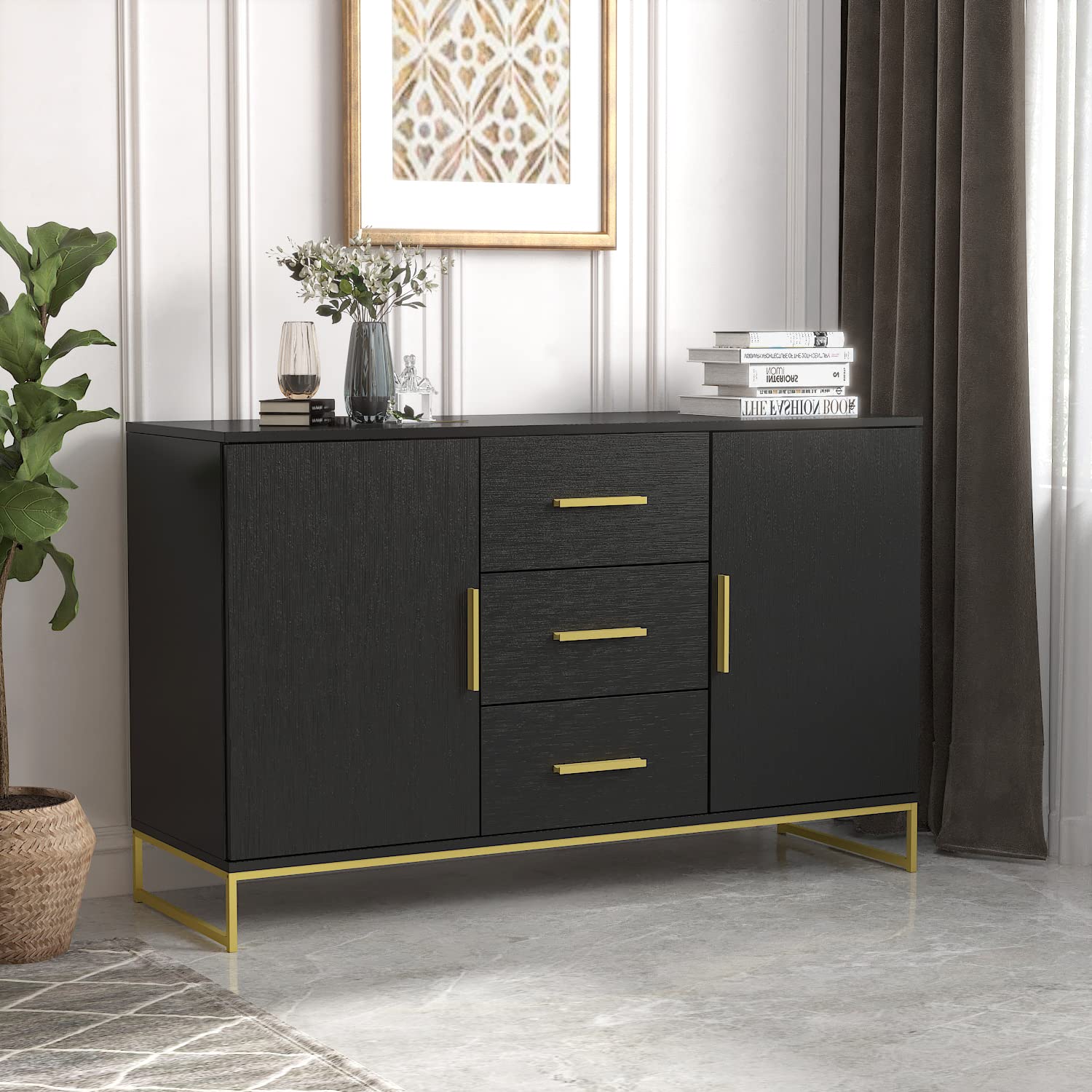 Modern Sideboard Buffet Cabinet with 3 Drawers & 2 Doors - Wood Storage Console with Metal Legs for Living Room, Dining Room & Entryway - Black (47.2