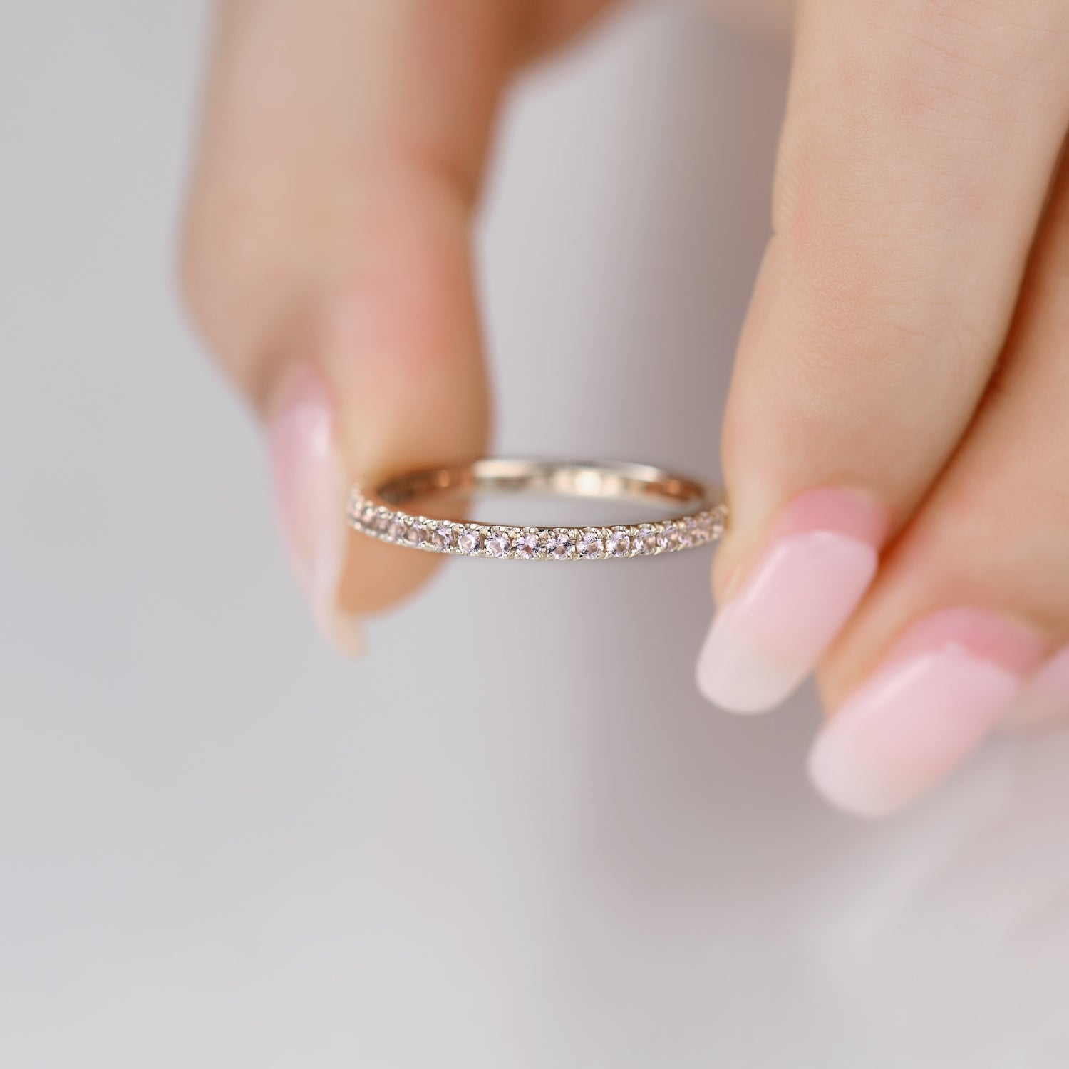 14K Yellow Gold Petite Morganite Wedding Band - Micro Pave Eternity Ring for Women | Perfect for Engagement, Anniversary & Bridal Jewelry Gifts