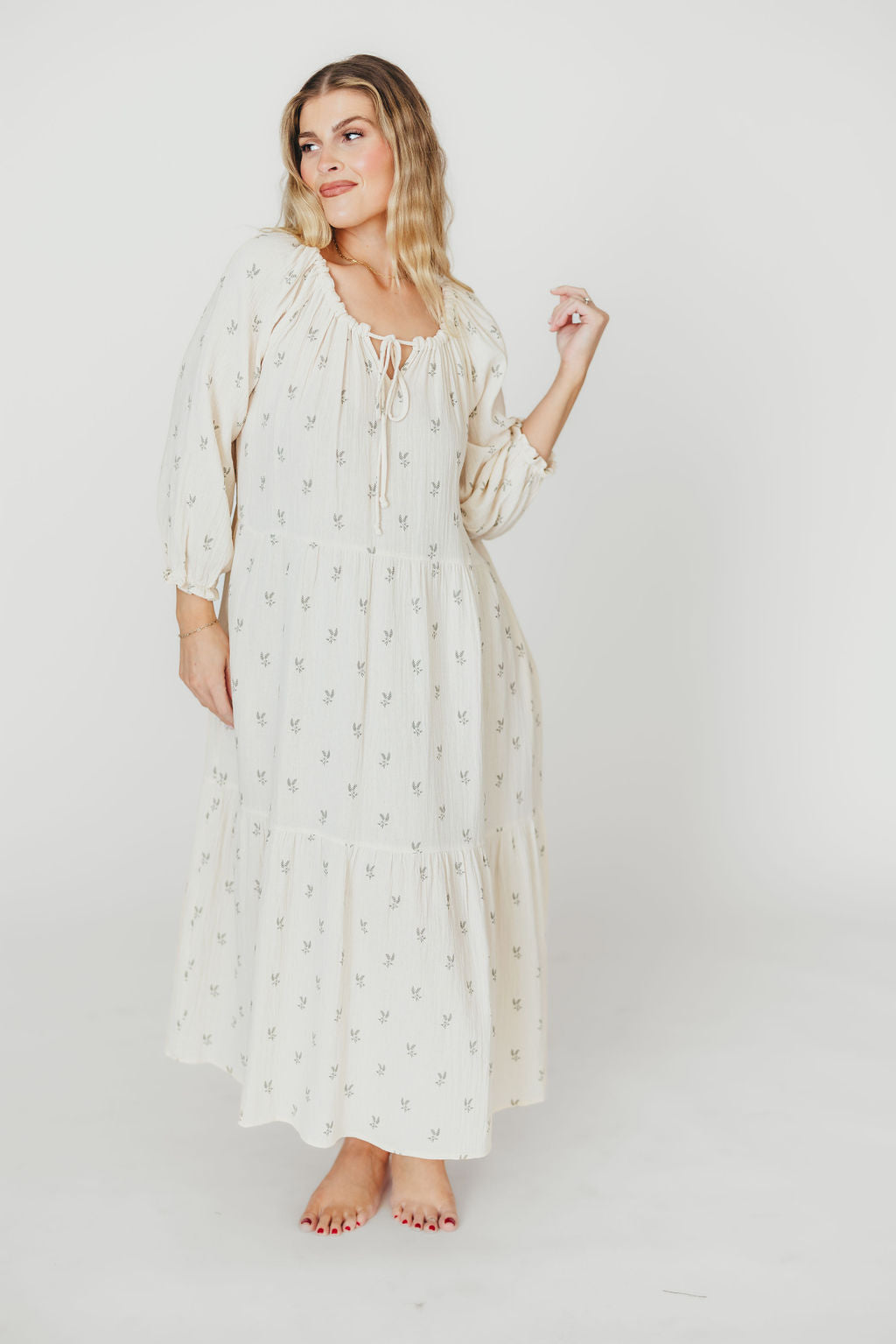 Avery Tiered Linen Blend Midi Dress in Soy/Sage Foliage - Bump Friendly Maternity Dress with Inclusive Sizing for Women - Perfect for Summer Weddings, Beach Vacations & Brunch Dates