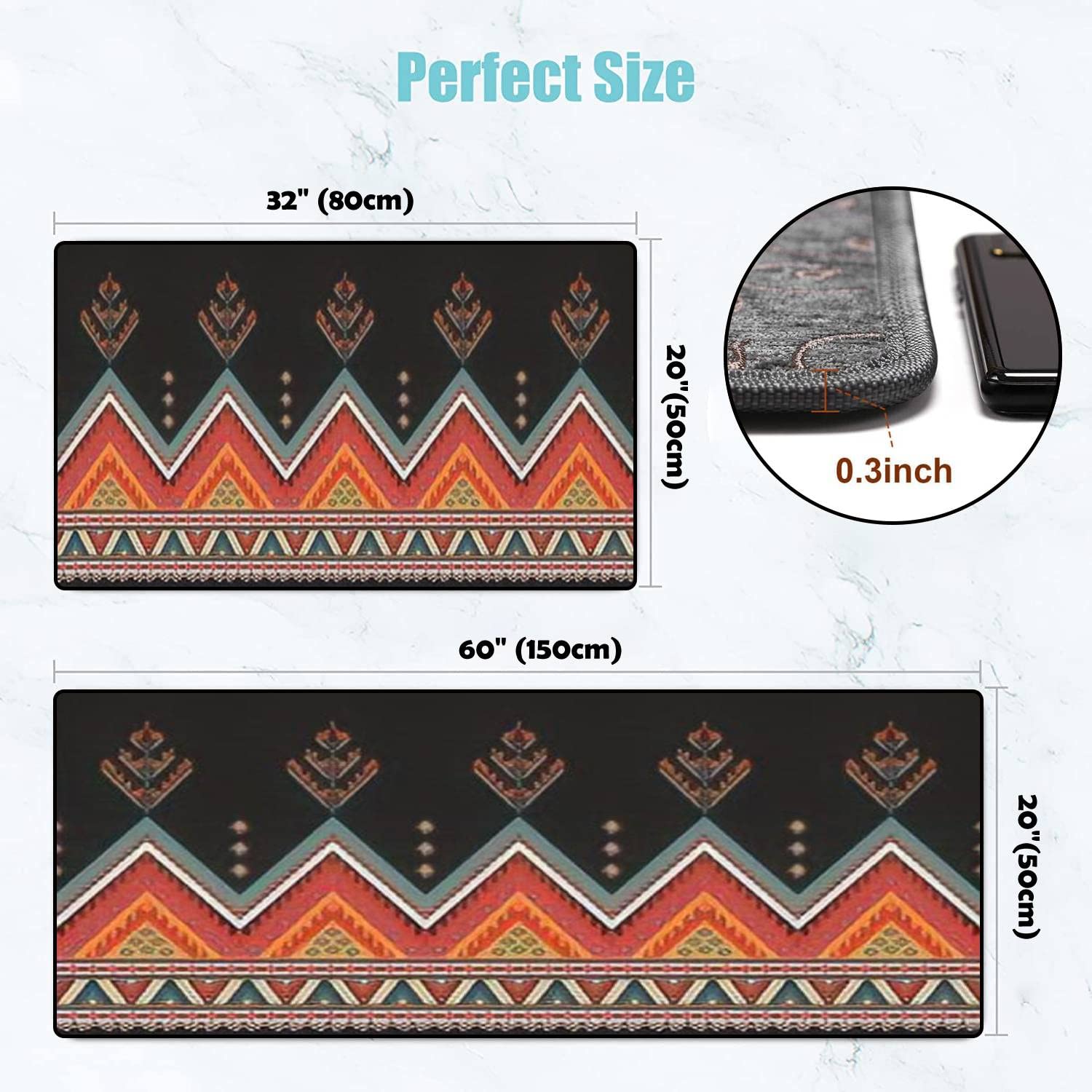 Non-Slip Washable Kitchen Rugs Set - Ethnic Abstract Tribal Embroidery Design - Mexican Style Floor Mat for Kitchen, Bathroom & Entryway - Comfort Standing Mats for Home Decor & Safety