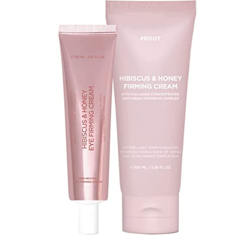 PROOT Hibiscus & Honey Firming Cream + Eye Cream Set | Collagen-Infused Anti-Aging Skincare Duo for Face & Under Eyes - Perfect for Night Routine & Dry Skin Care