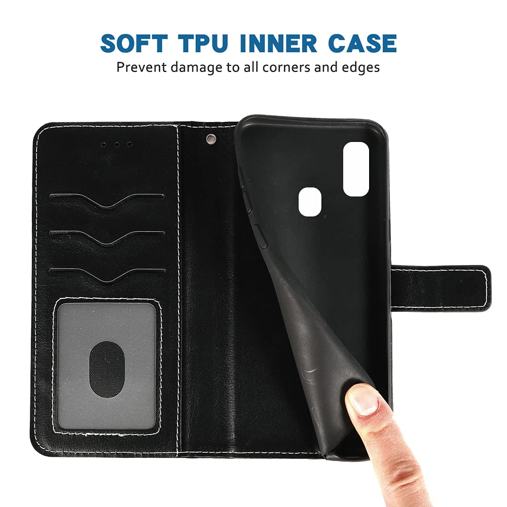 Samsung Galaxy A40 Wallet Case with Wrist Strap & Card Holder - Leather Flip Cover Stand Case for Women & Men (Black) | Perfect for Travel, Work & Everyday Use