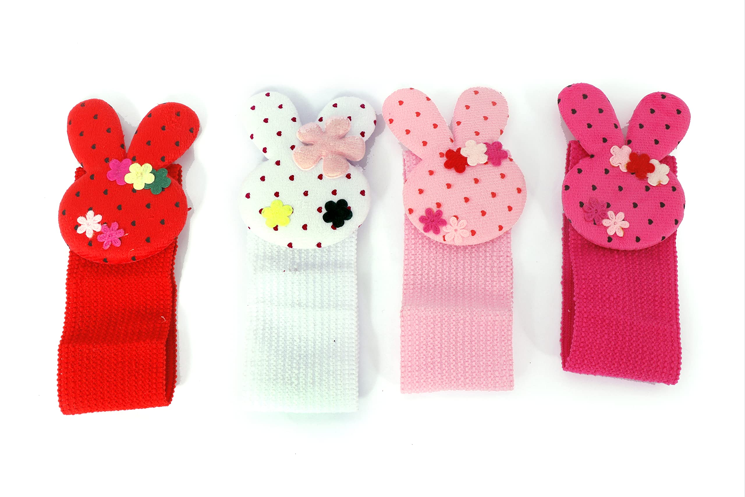 Navjai Rabbit Hair Bands for Girls - 4 Pcs Soft Stretchy Elastic Headbands with Heart & Flower Prints, Cute Bow Knot Hair Accessories Set for Infants & Kids - Perfect for School, Parties & Daily Wear