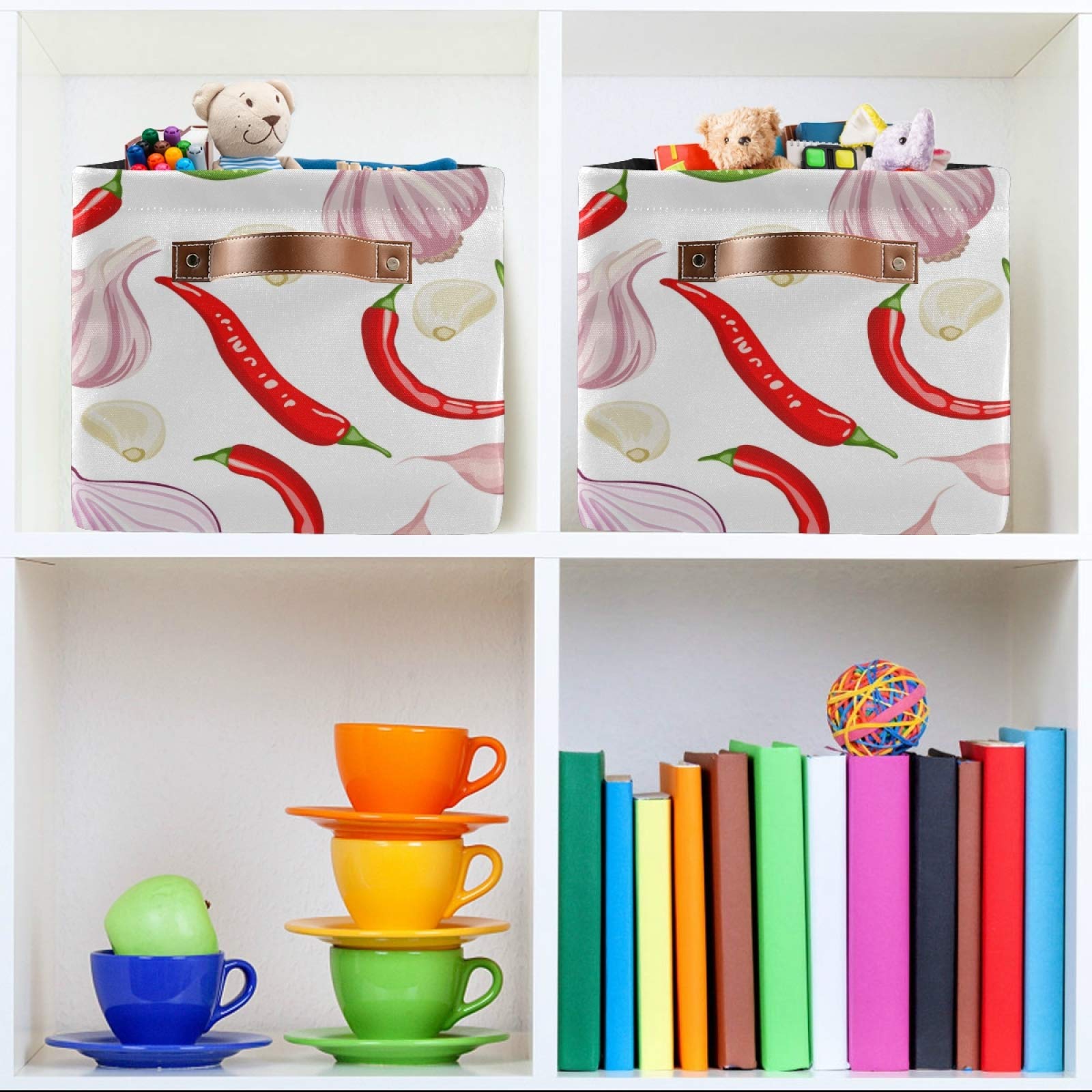 Large Foldable Storage Bins for Onions, Garlic & Peppers - 2 Pack Collapsible Fabric Baskets with PU Handles | Home Organization for Shelves, Closet, Bedroom & Living Room | Perfect for Kitchen Pantry, Grocery Storage & Farmhouse Decor