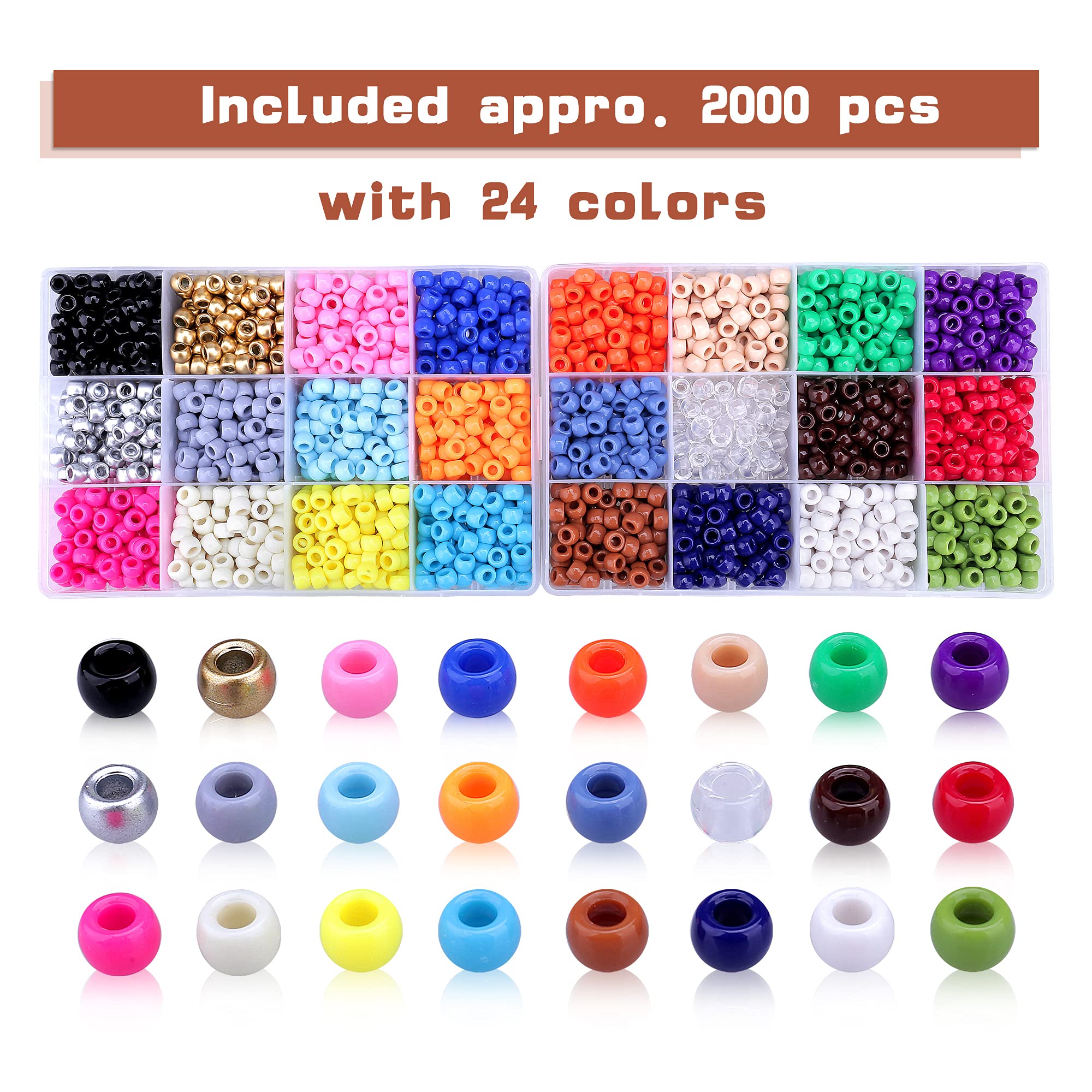 Greentime 9mm Pony Beads Bracelet Making Kit - 24 Rainbow Opaque Beads for DIY Friendship Bracelets & Necklace Crafts - Perfect for Independence Day Gifts, Kids Jewelry Making & Summer Camp Activities