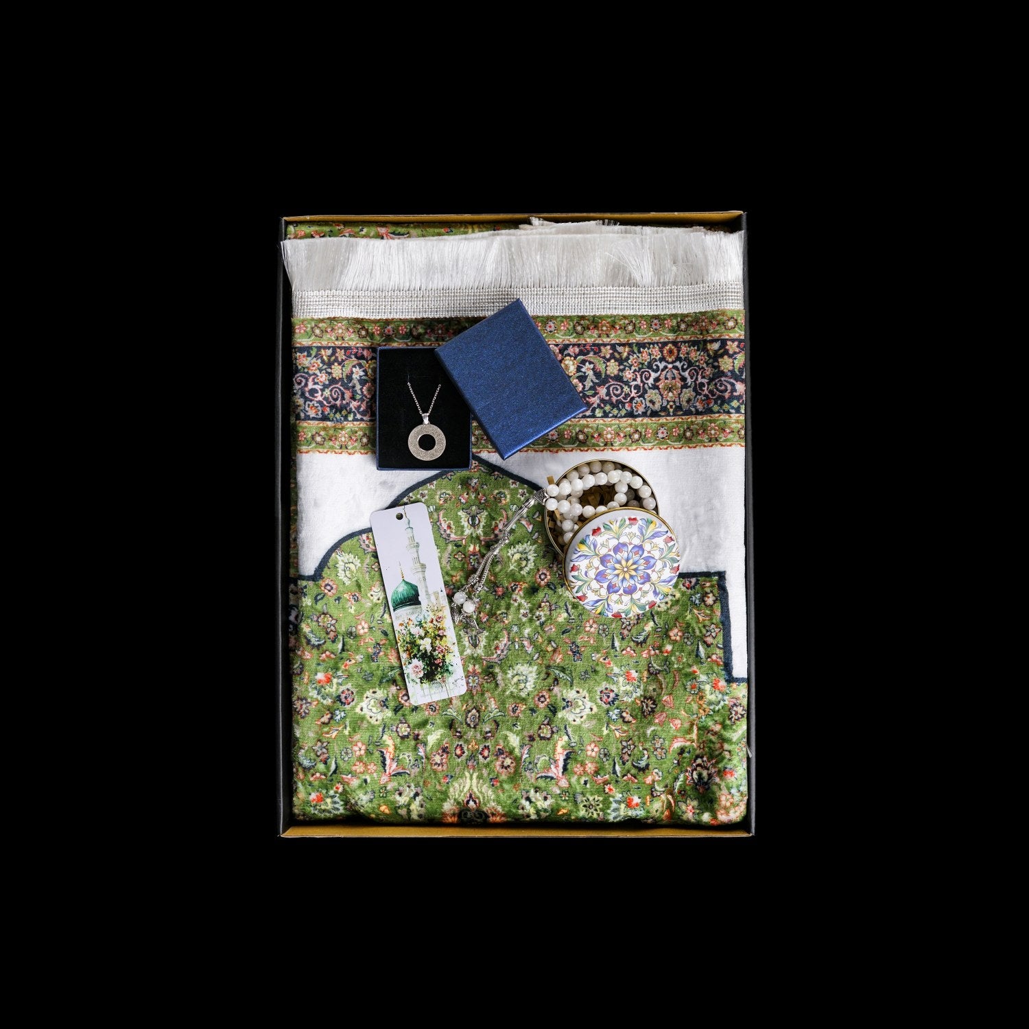 Premium Ramadan & Eid Gift Set - Islamic Prayer Rug, Tasbih Beads & Calligraphy Jewelry with Ayatul Kursi Design - Perfect for Muslim Holidays, Daily Prayers & Spiritual Gifting