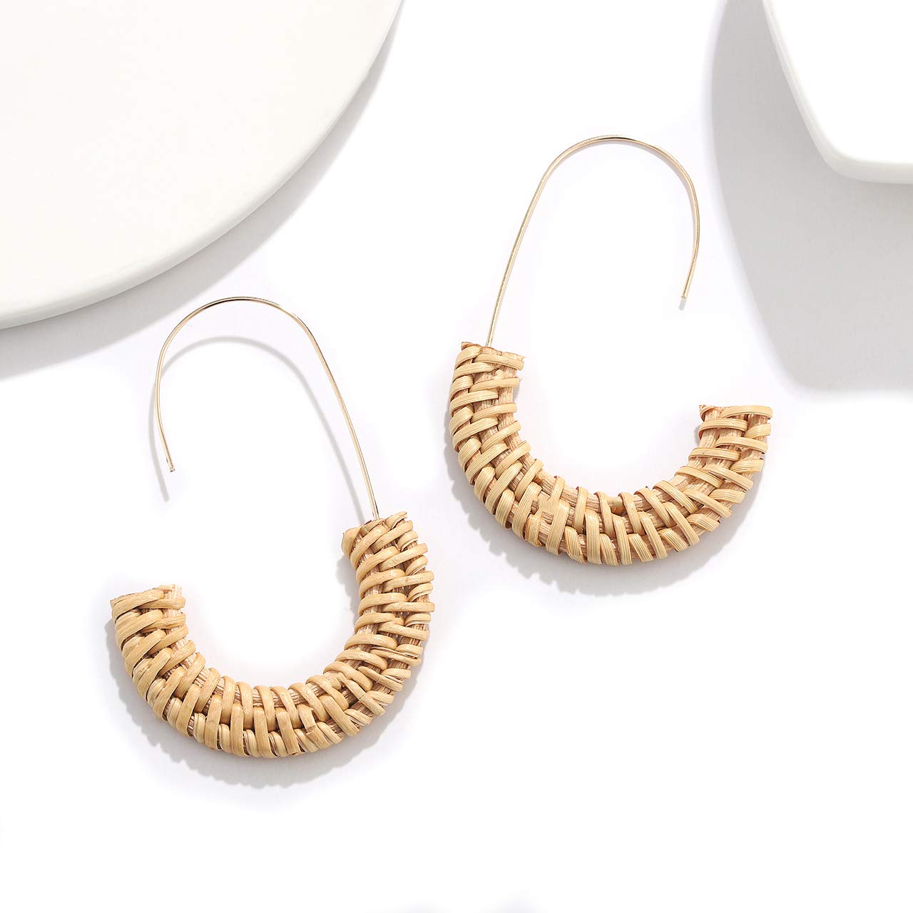 Handmade Rattan Hoop Earrings for Women - Lightweight Straw Wicker Braid Drop Dangle Earrings - Boho Fashion Jewelry for Summer, Beach, and Casual Wear