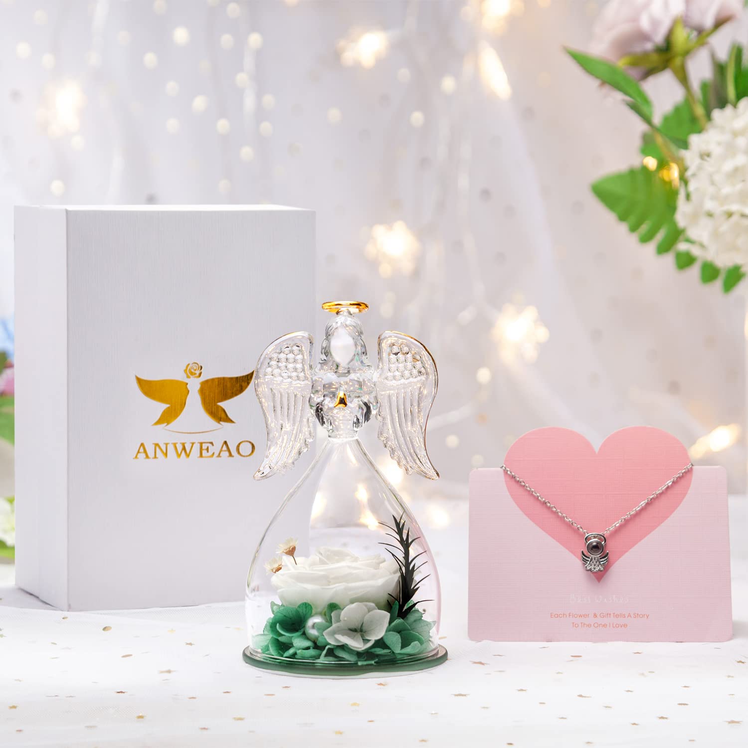 ANWEAO Preserved Real Rose Glass Angel Figurine with 'I Love You' Necklace in 100 Languages - Unique Birthday Gift for Mom, Valentine's Day Present for Women, Thoughtful Flower Gift for Grandma - Perfect for Home Decor, Anniversary Surprise & Special Occasion Keepsake