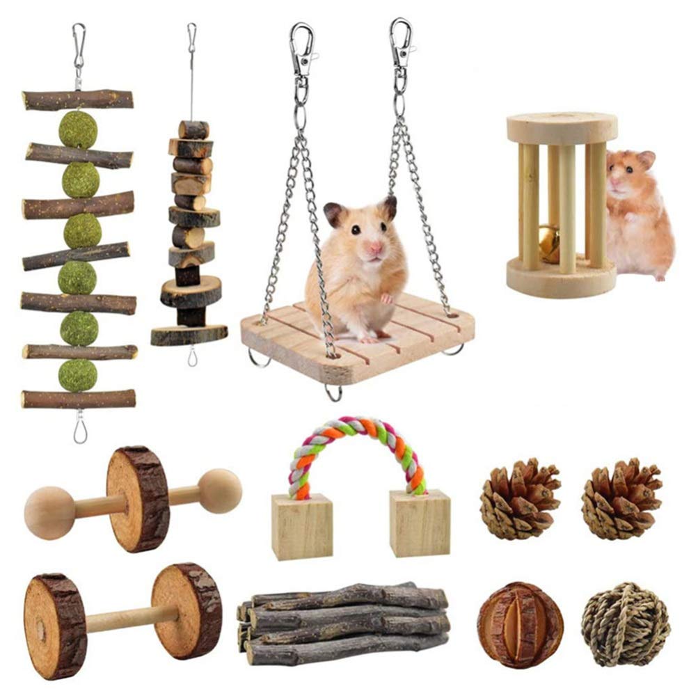 Balacoo 12pcs Natural Wood Hamster Chew Toys for Rabbits, Guinea Pigs & Small Pets - Teeth Grinding, Play & Exercise Toys for Cage Enrichment (Great for Chewing, Climbing & Mental Stimulation)