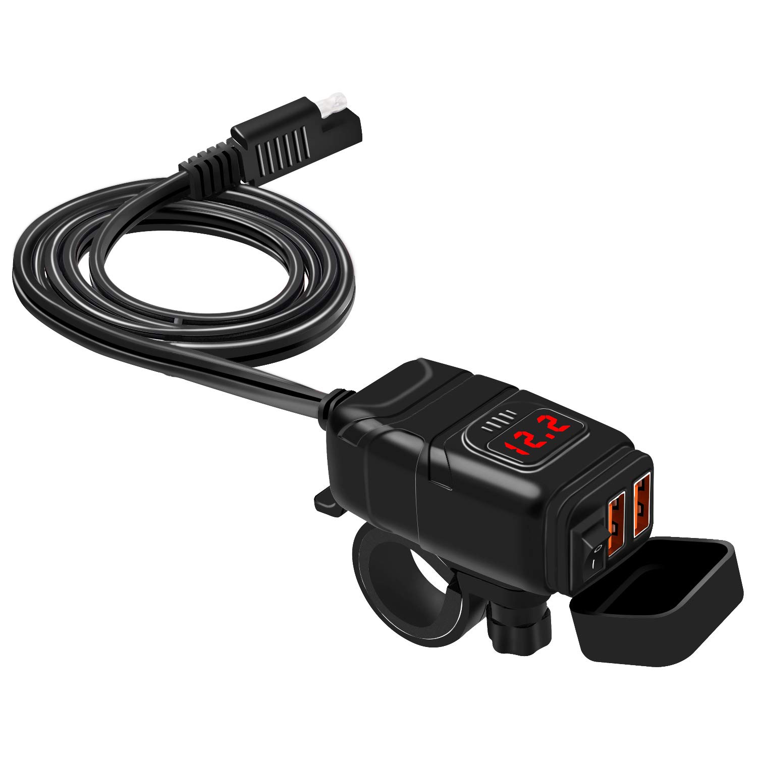 Vemote Waterproof Motorcycle USB Phone Charger - 6.8A Dual Port QC3.0 Fast Charging with Voltmeter, ON/Off Switch & Fuse - SAE USB Adapter for Phone, Tablet, Camera, GPS - Fits 7/8inch Handlebar (Red) - Perfect for Long Rides, Road Trips & Adventure Motorcycling